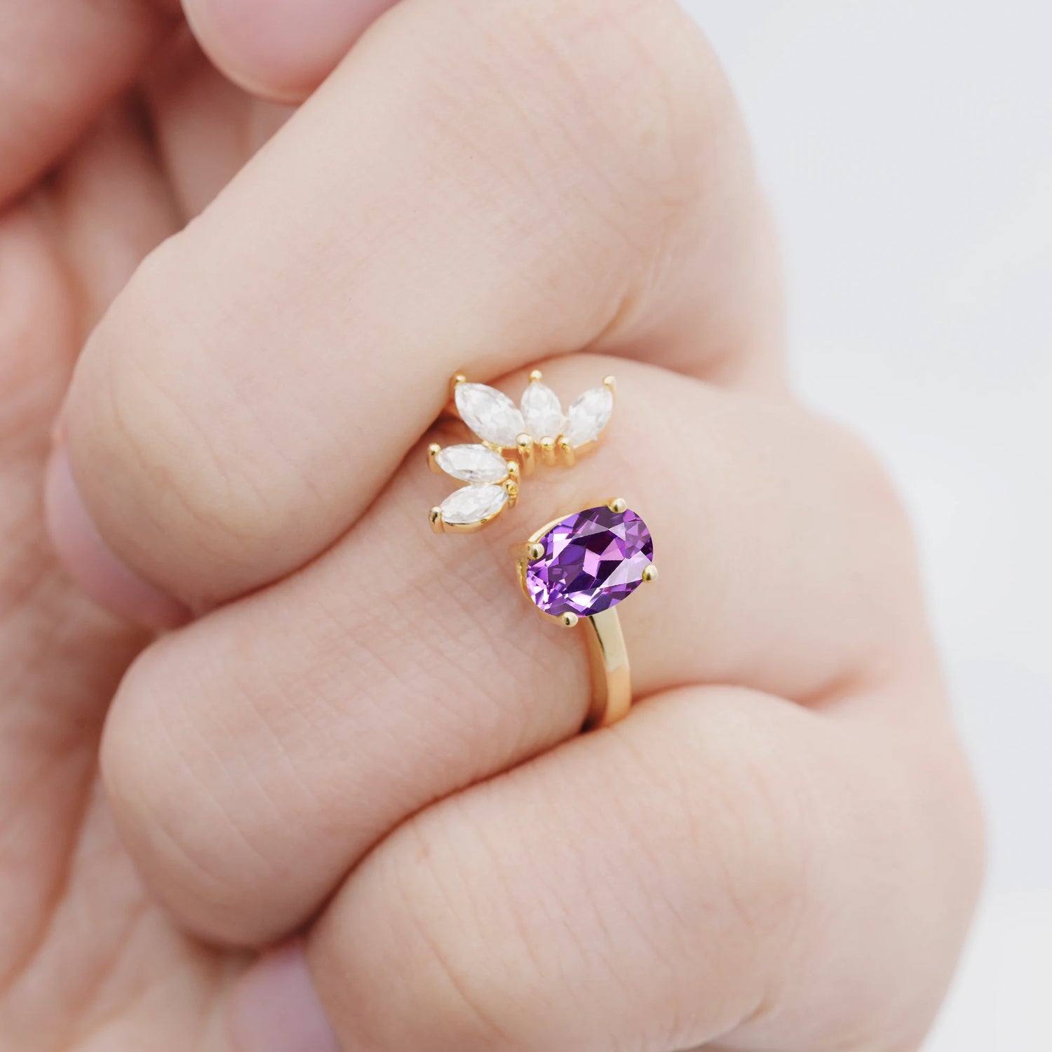 Unique Oval Amethyst Engagement Ring with Marquise Side Stones