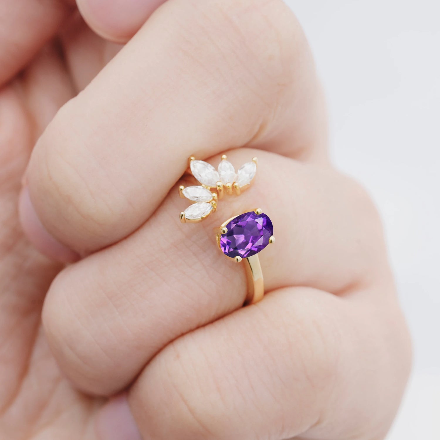 Unique Oval Amethyst Engagement Ring with Marquise Side Stones