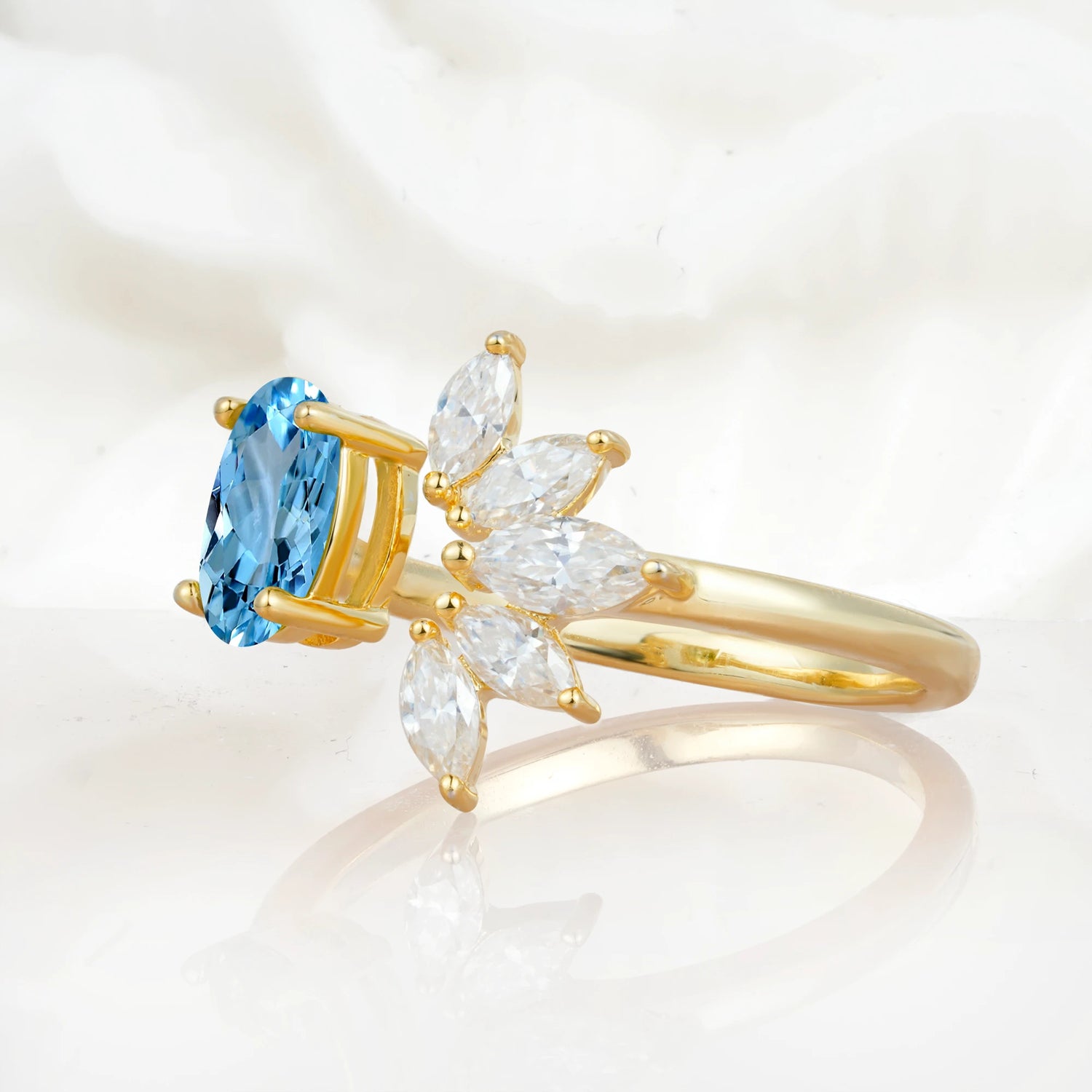 Unique Oval Aquamarine Engagement Ring with Marquise Side Stones