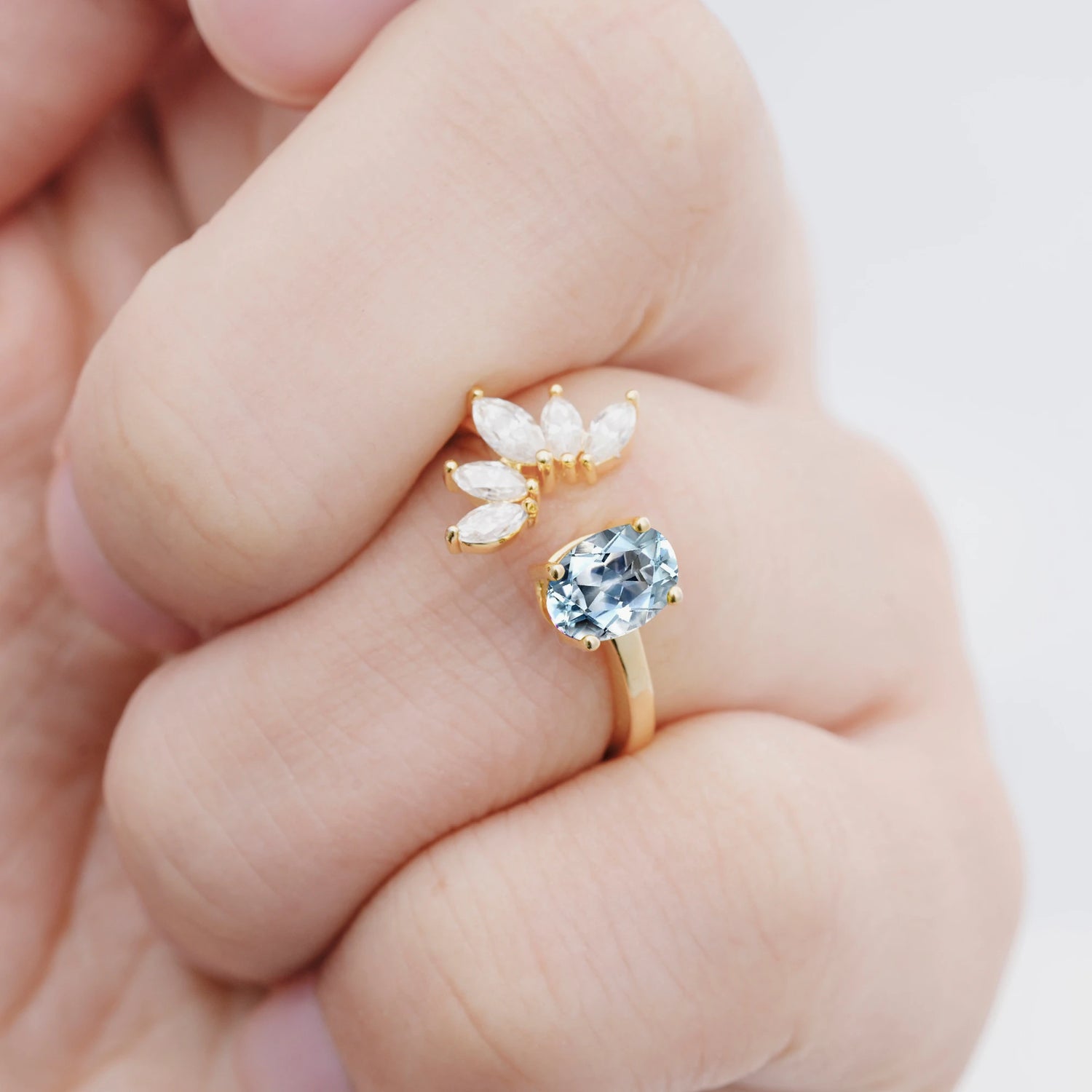 Unique Oval Aquamarine Engagement Ring with Marquise Side Stones