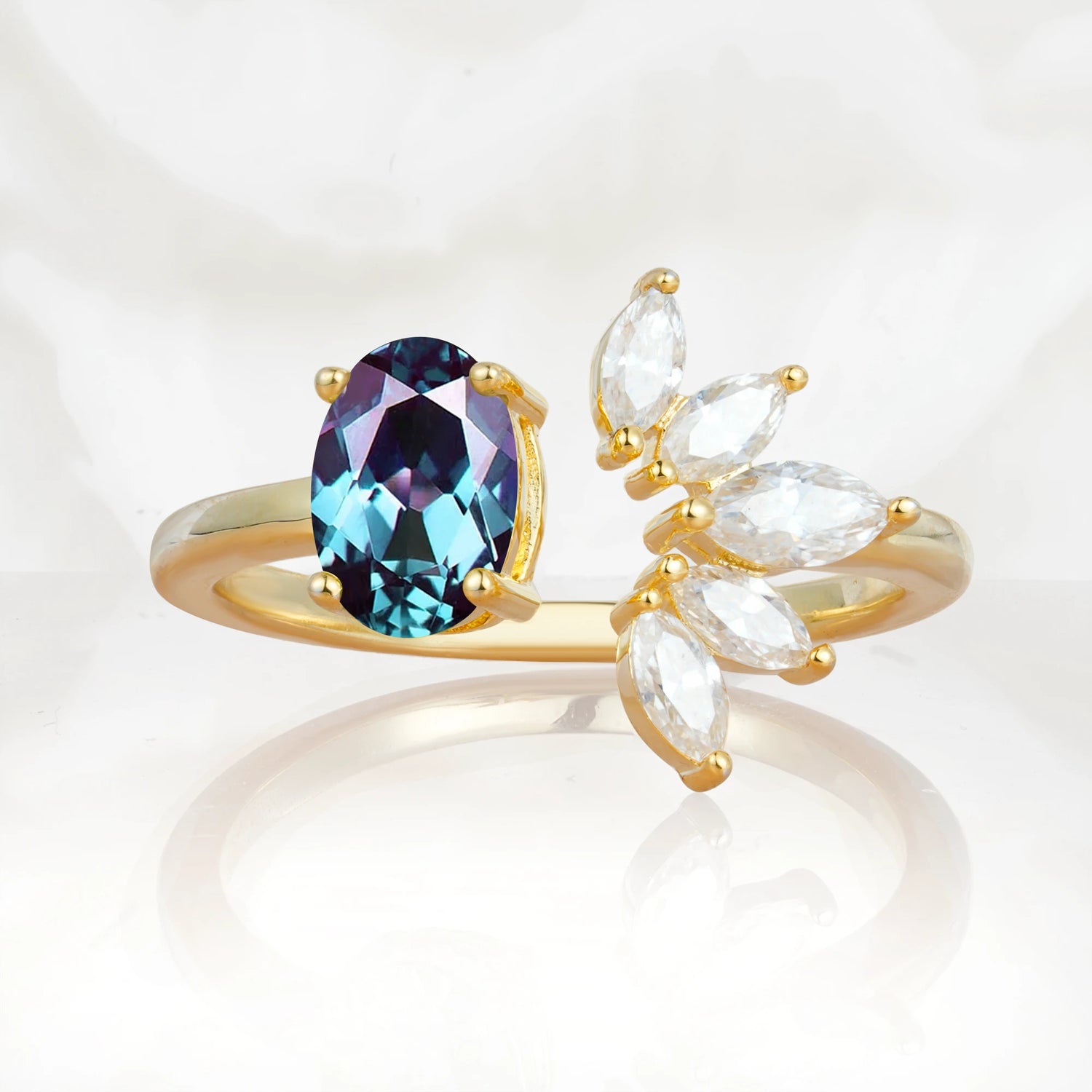 Unique Oval Alexandrite Engagement Ring with Marquise Side Stones