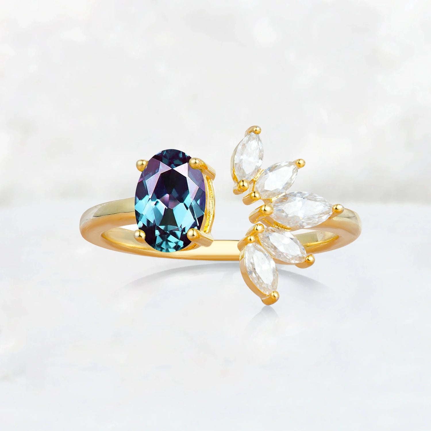 Unique Oval Alexandrite Engagement Ring with Marquise Side Stones