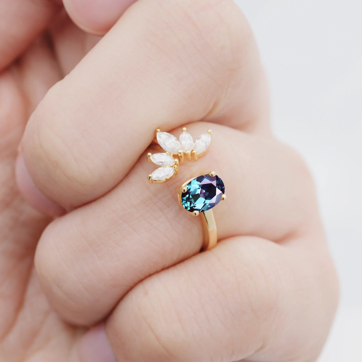 Unique Oval Alexandrite Engagement Ring with Marquise Side Stones