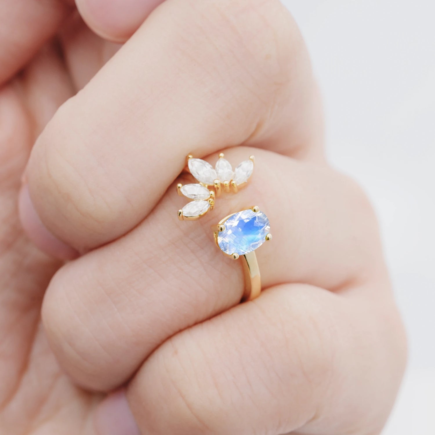 Unique Oval Moonstone Engagement Ring with Marquise Side Stones