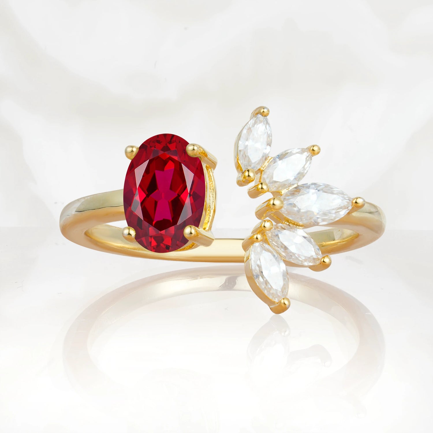 Unique Oval Ruby Engagement Ring with Marquise Side Stones