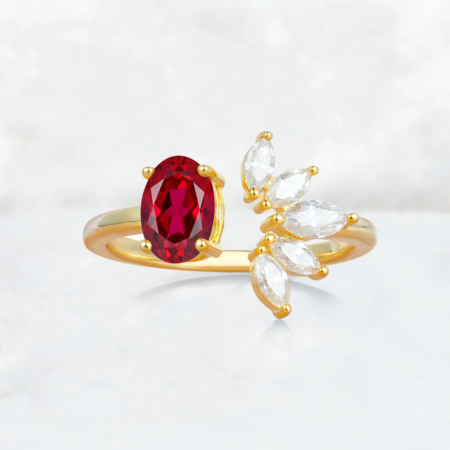 Unique Oval Ruby Engagement Ring with Marquise Side Stones