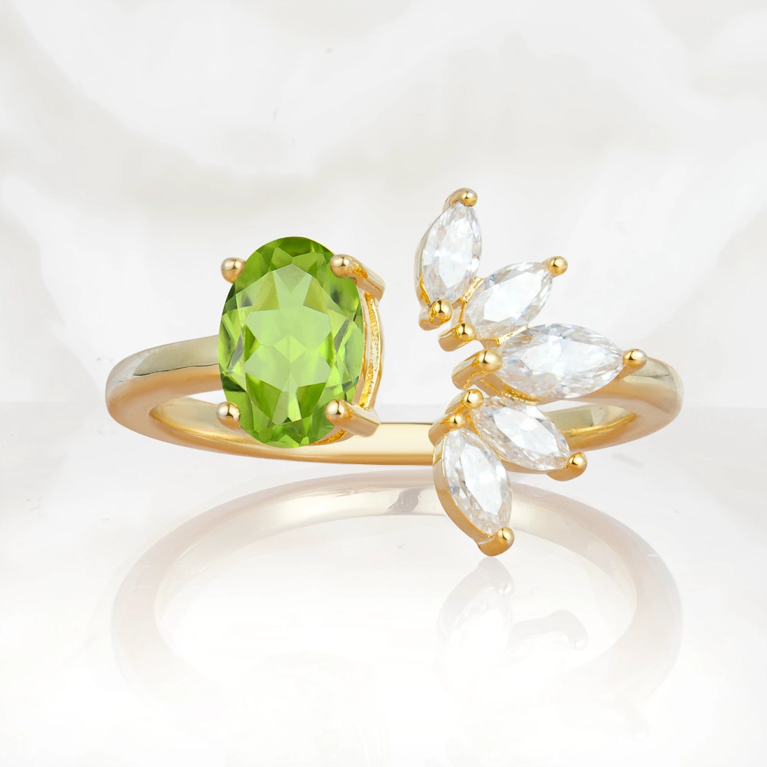 Unique Oval Peridot Engagement Ring with Marquise Side Stones
