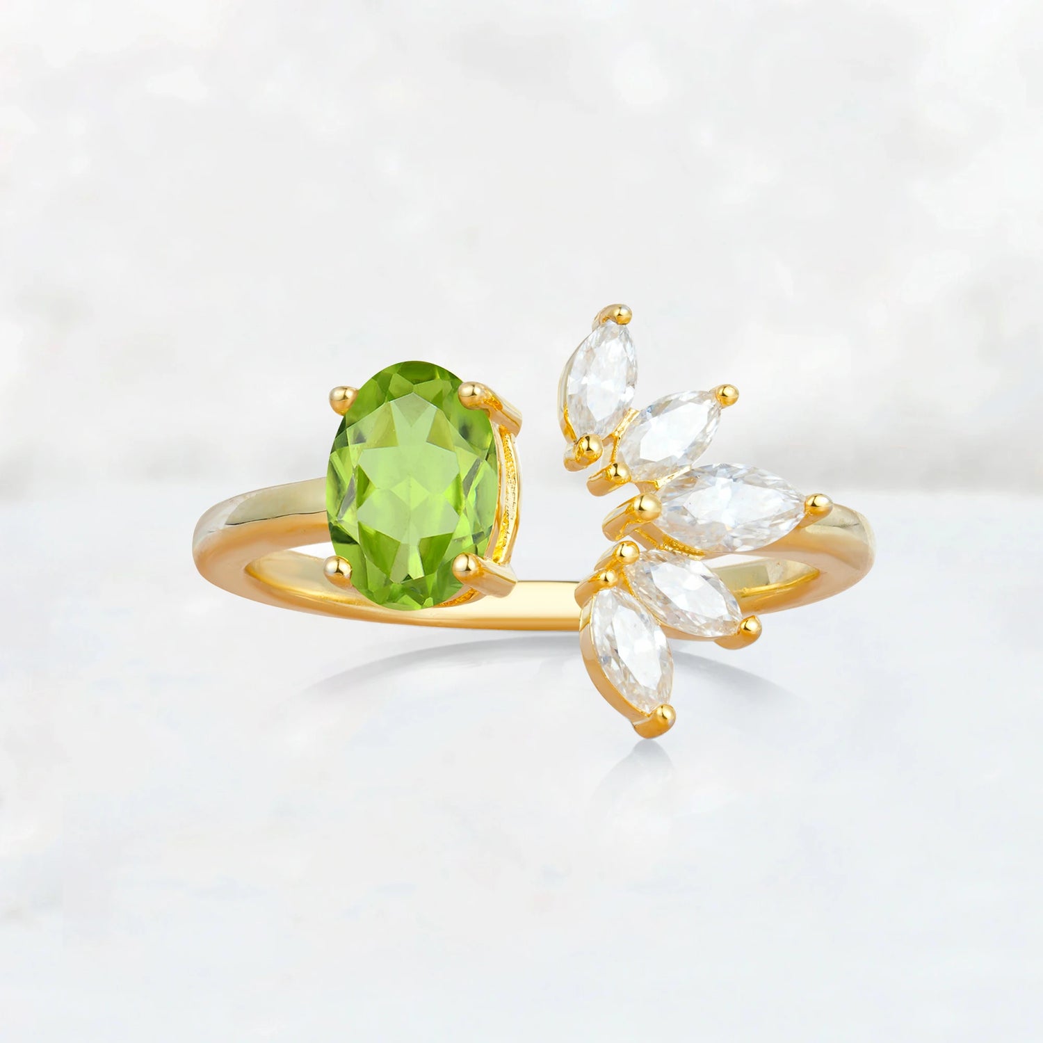 Unique Oval Peridot Engagement Ring with Marquise Side Stones