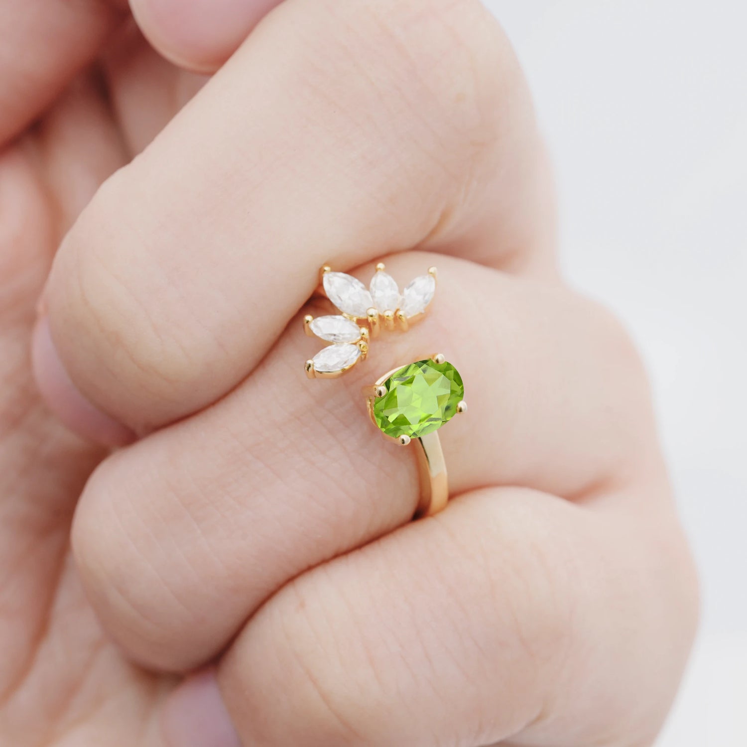 Unique Oval Peridot Engagement Ring with Marquise Side Stones