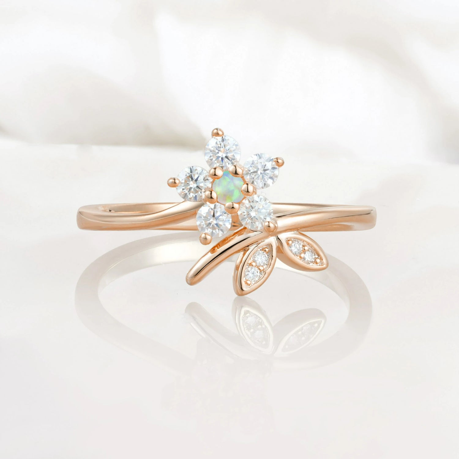 Flower Gold Leaf Vine Opal Engagement Ring for Women