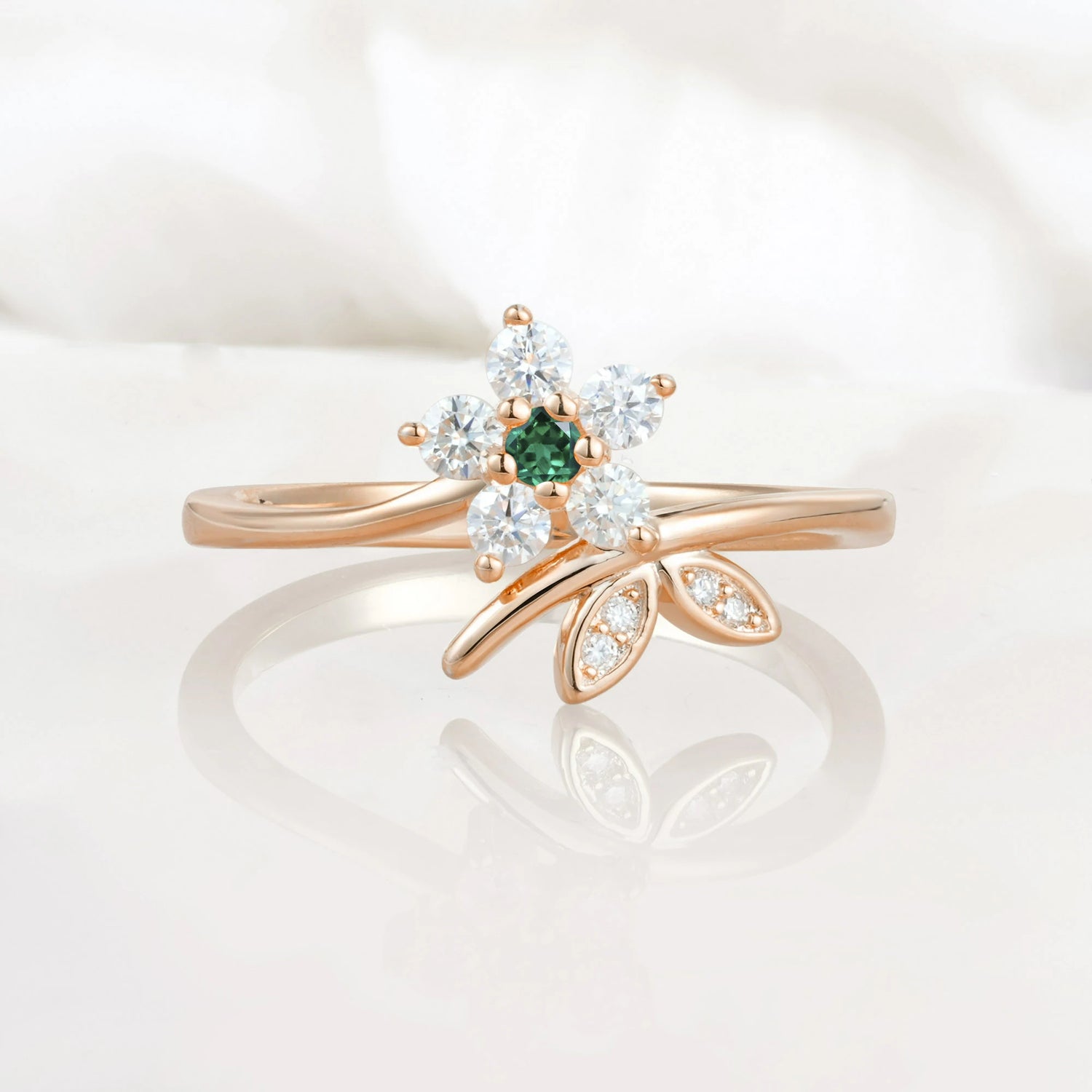 Flower Gold Leaf Vine Emerald Engagement Ring for Women