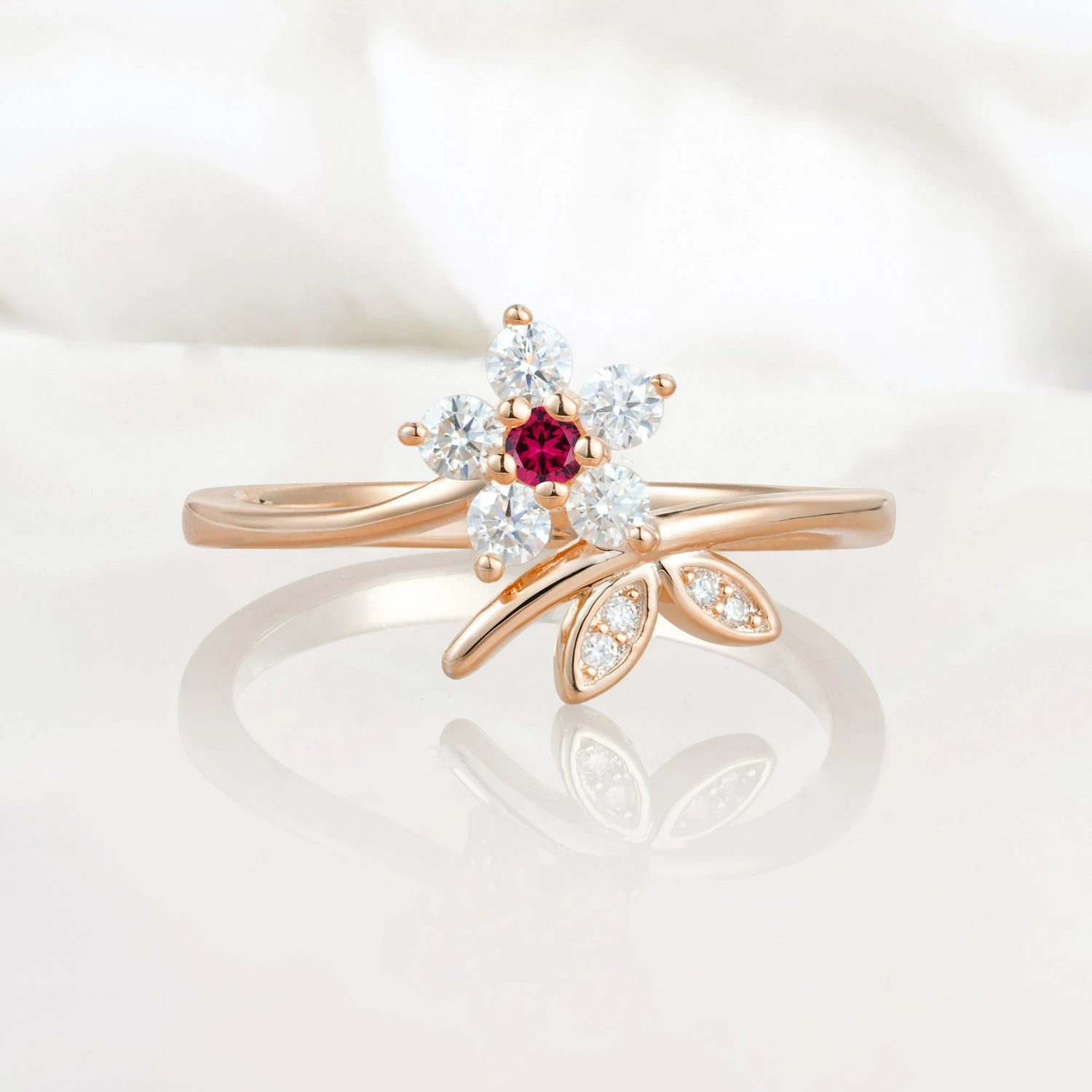 Flower Gold Leaf Vine Ruby Engagement Ring for Women