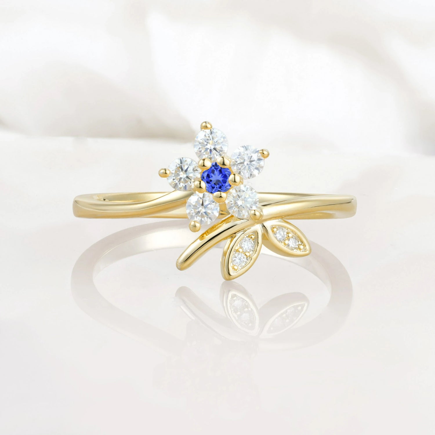 Flower Gold Leaf Vine Sapphire Engagement Ring for Women
