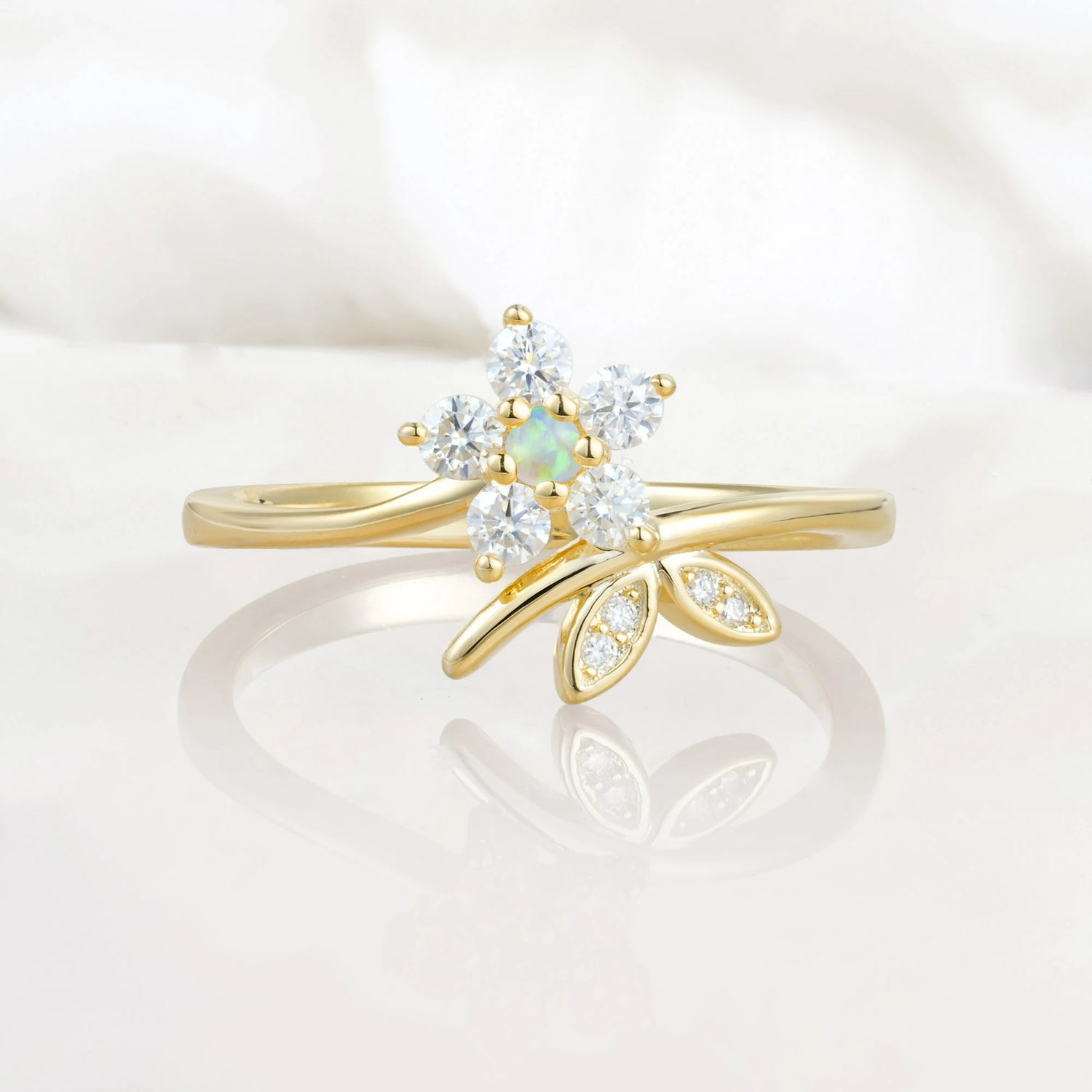 Flower Gold Leaf Vine Fire Opal Engagement Ring for Women