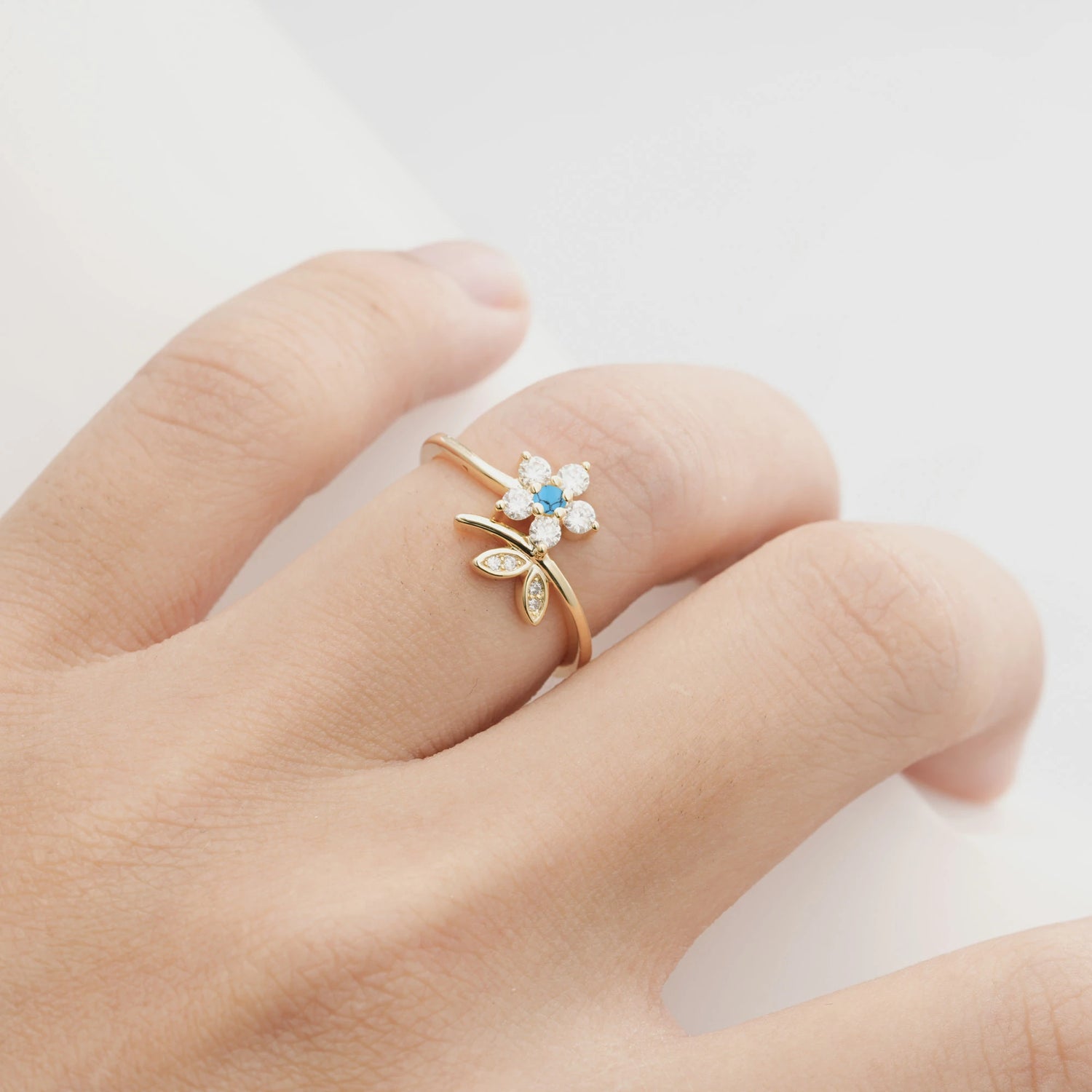 Flower Gold Leaf Vine Turquoise Engagement Ring for Women