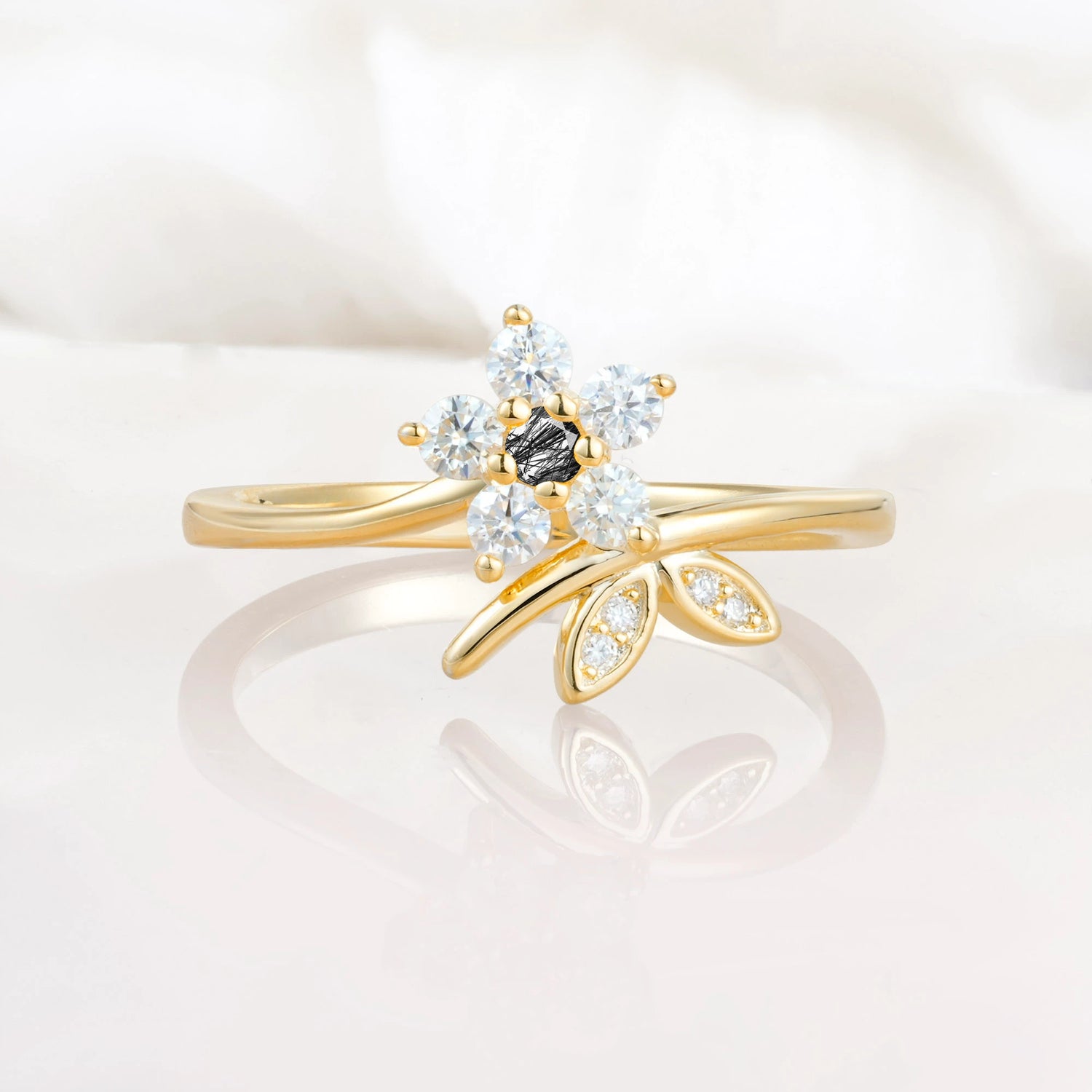Flower Gold Leaf Vine Black Rutilated Quartz Engagement Ring for Women