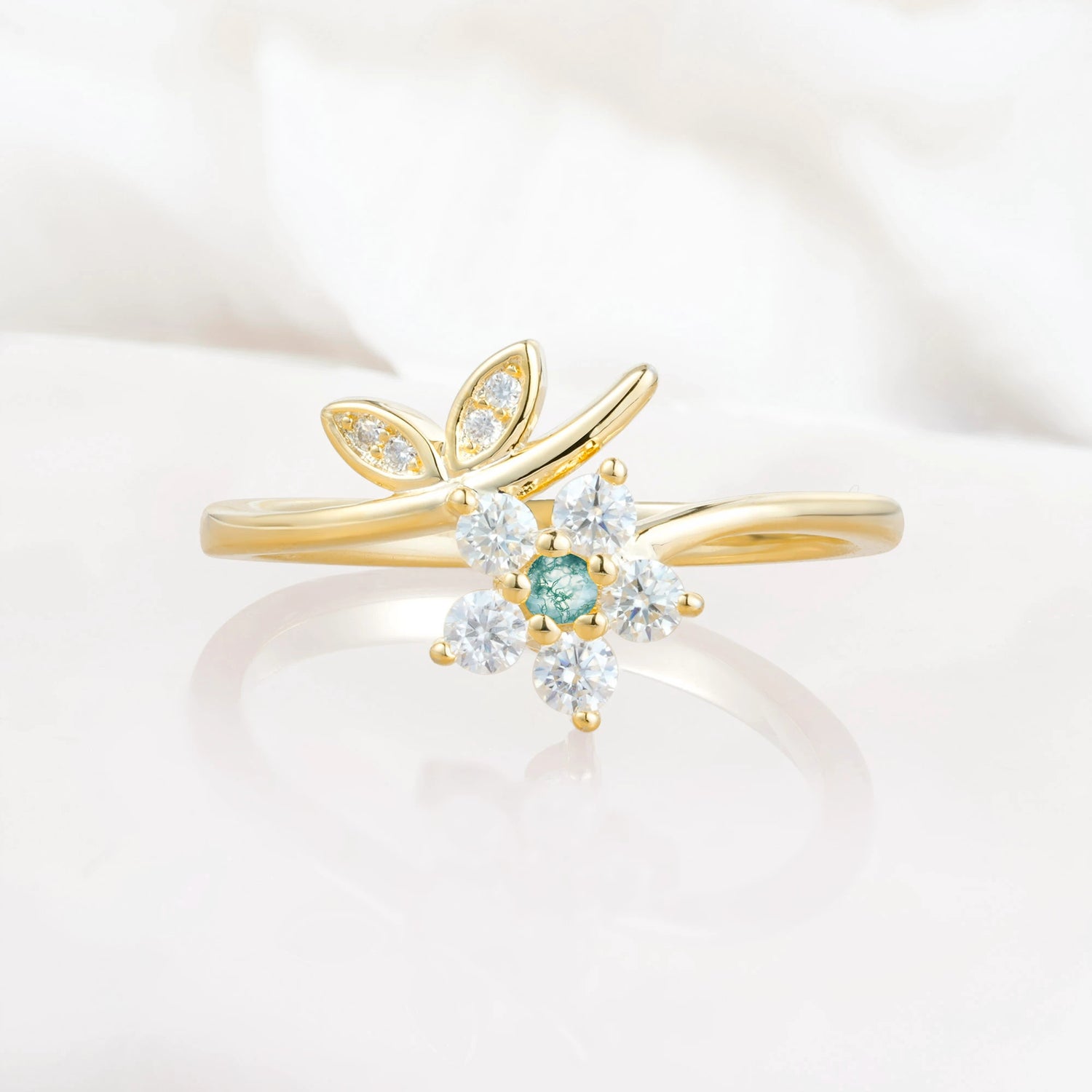 Flower Gold Leaf Vine Moss Agate Engagement Ring for Women