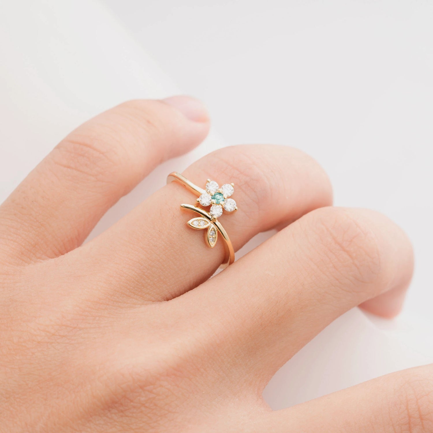 Flower Gold Leaf Vine Moss Agate Engagement Ring for Women