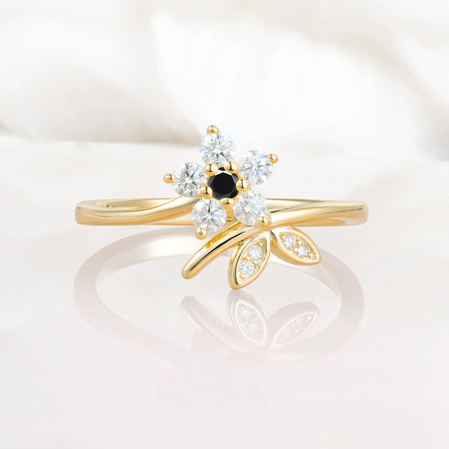 Flower Gold Leaf Vine Black Onyx Engagement Ring for Women