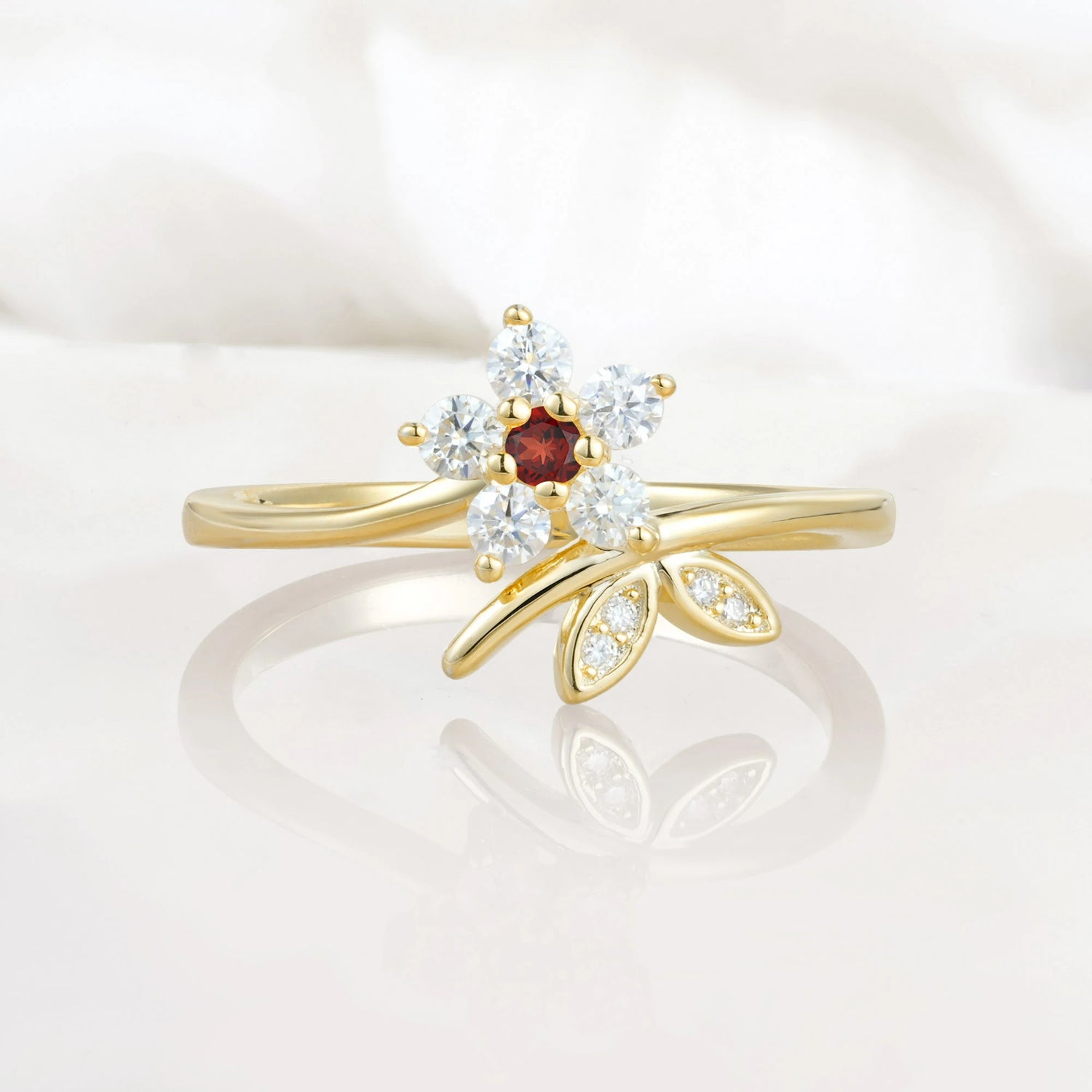 Flower Gold Leaf Vine Garnet Engagement Ring for Women