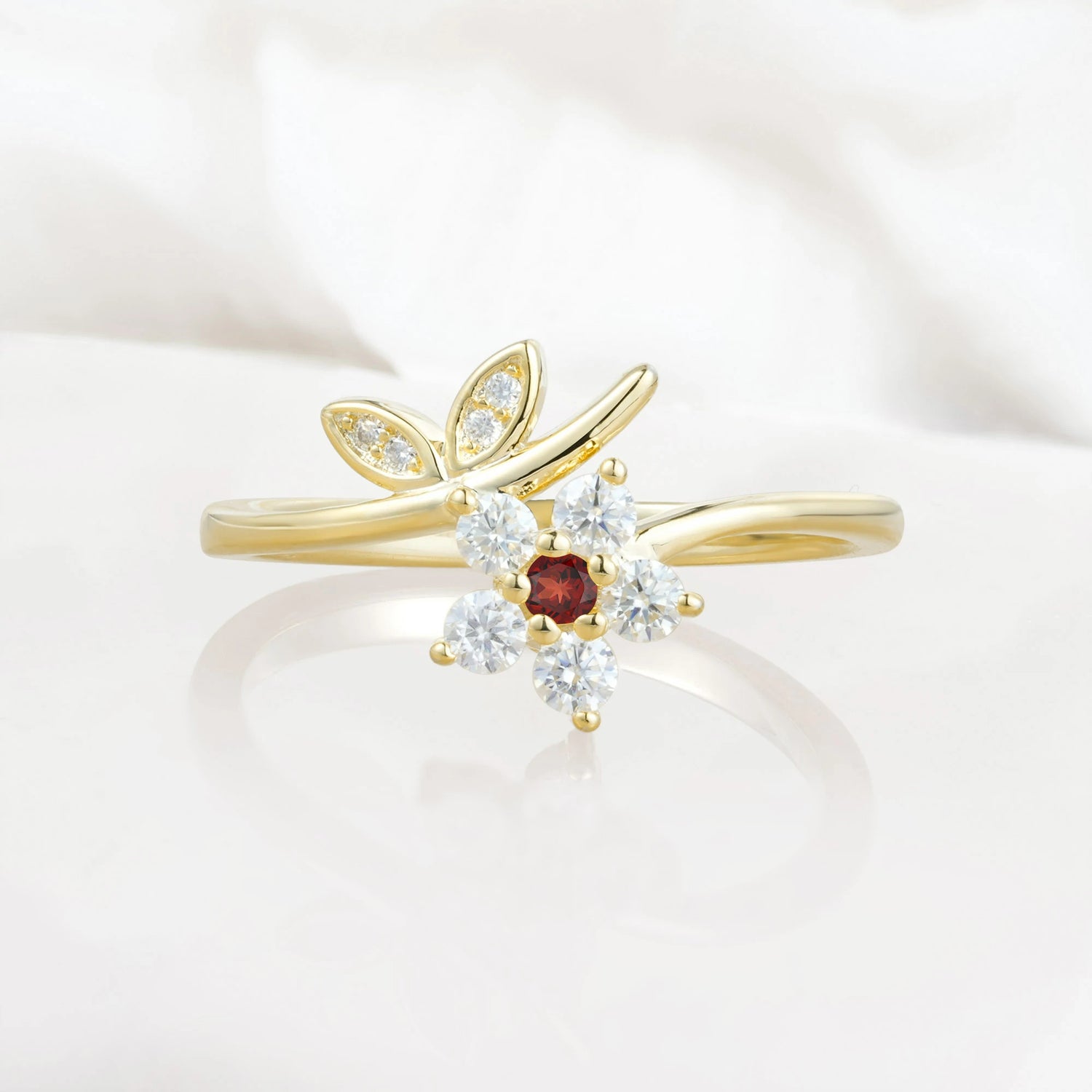 Flower Gold Leaf Vine Garnet Engagement Ring for Women