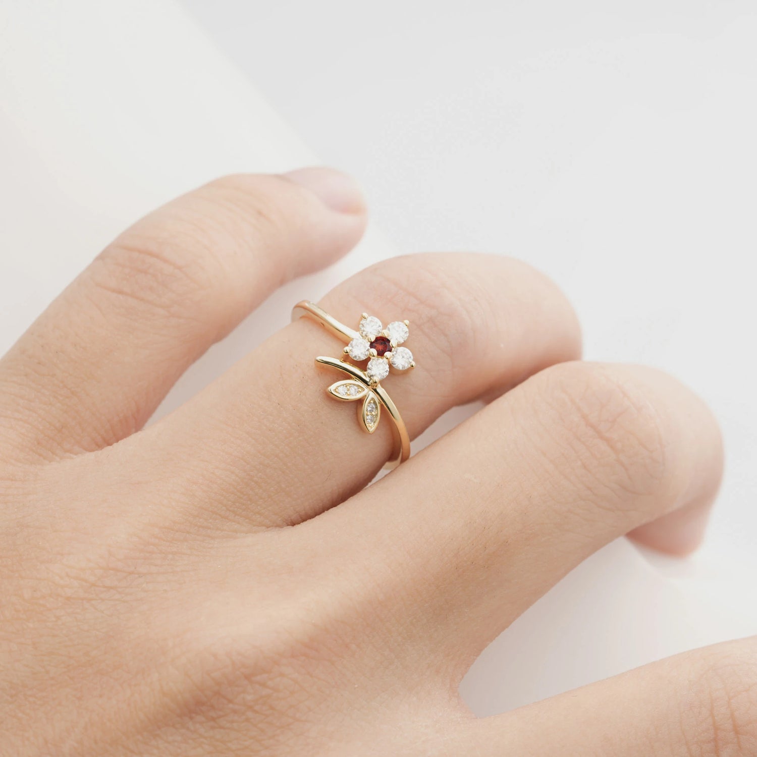 Flower Gold Leaf Vine Garnet Engagement Ring for Women