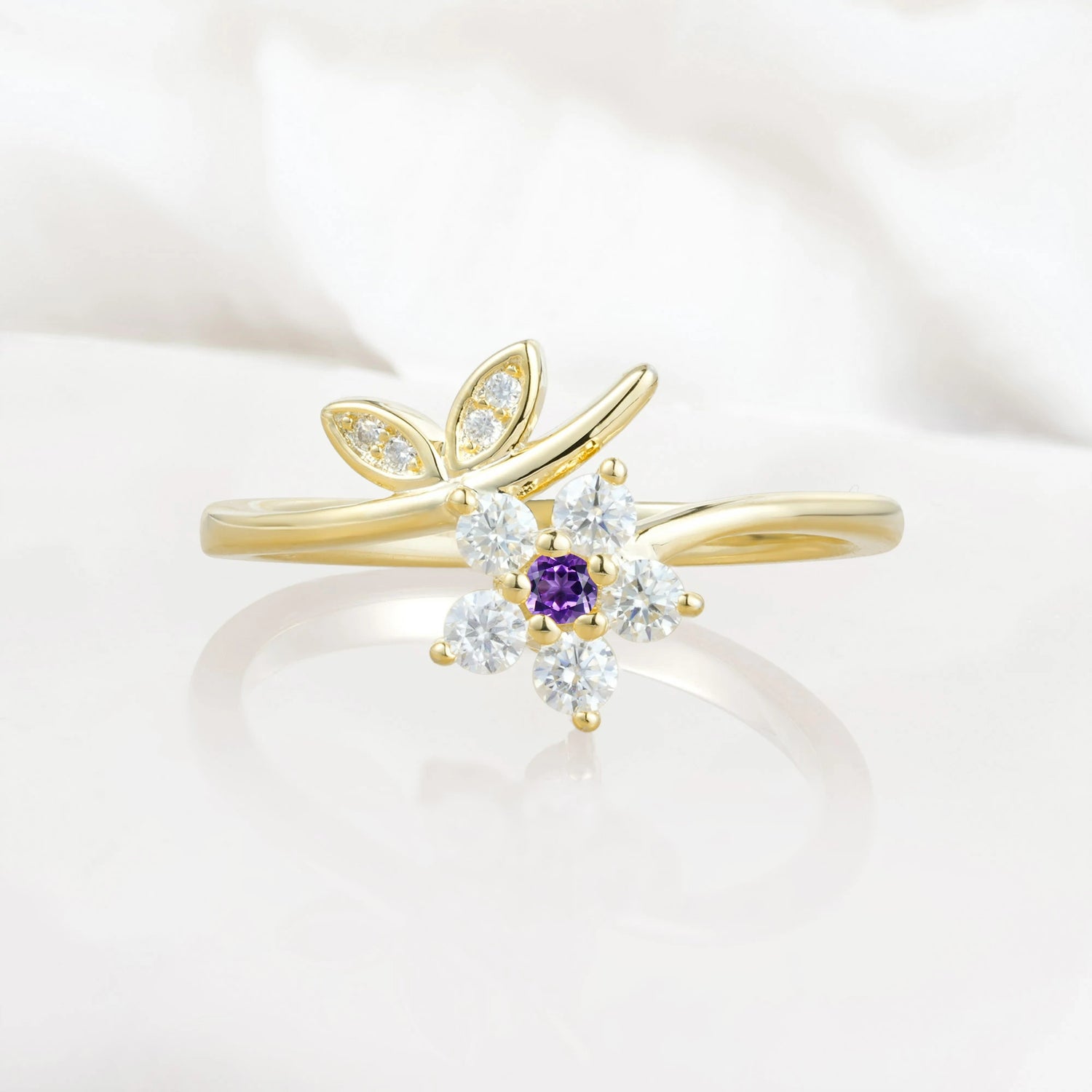 Flower Gold Leaf Vine Amethyst Engagement Ring for Women