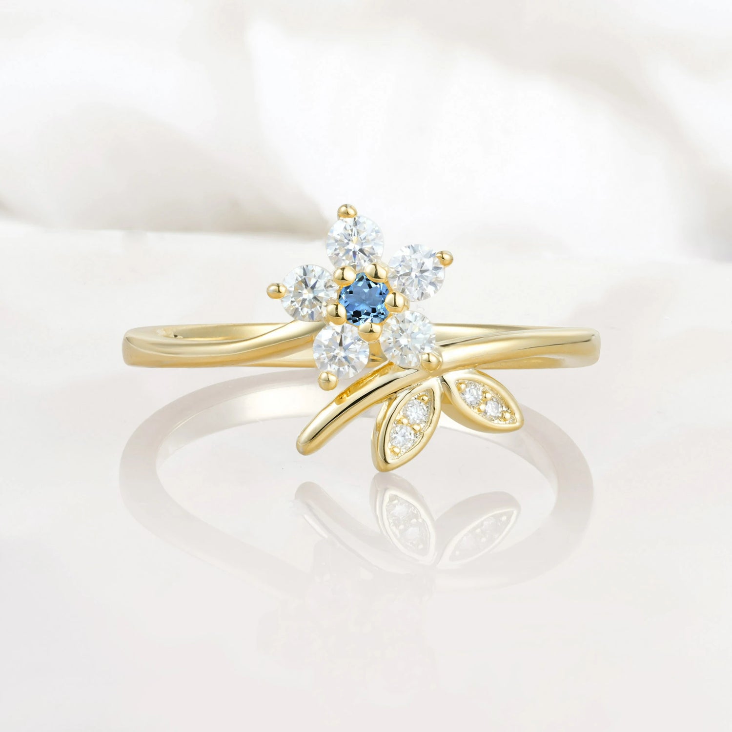 Flower Gold Leaf Vine Aquamarine Engagement Ring for Women