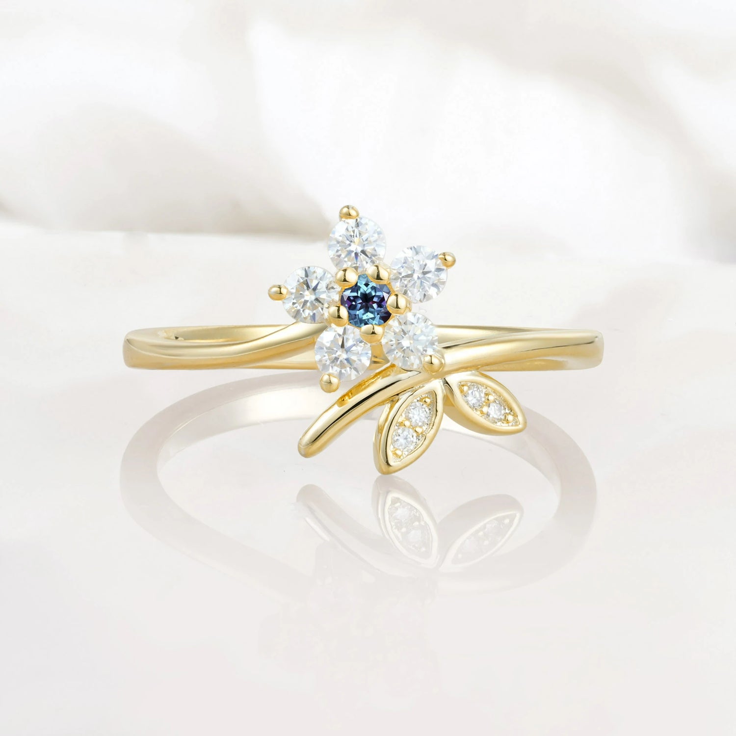 Flower Gold Leaf Vine Alexandrite Engagement Ring for Women