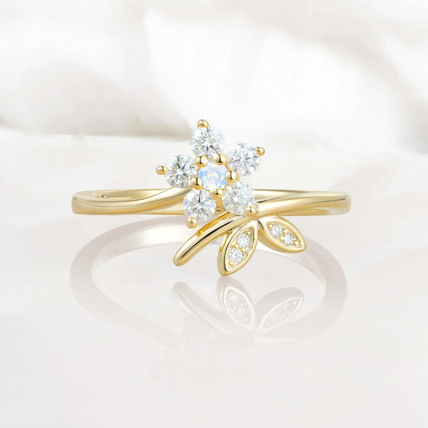 Flower Gold Leaf Vine Moonstone Engagement Ring for Women