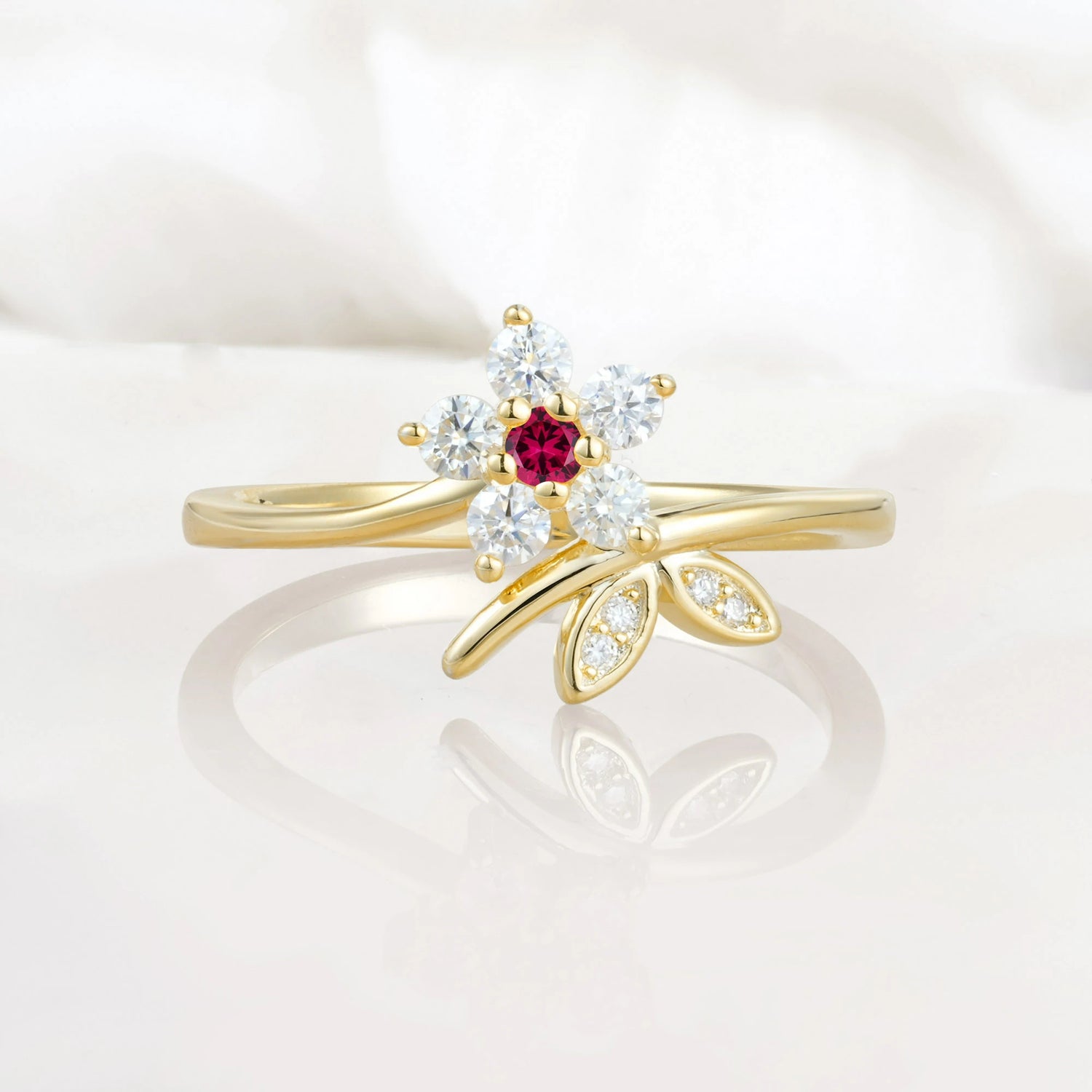 Flower Gold Leaf Vine Ruby Engagement Ring for Women