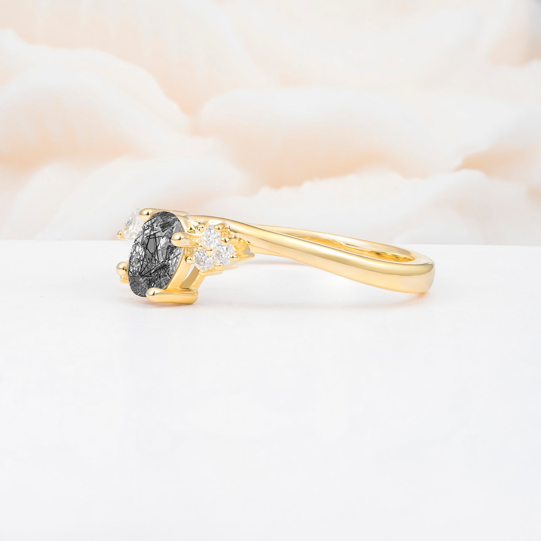 SR08714 Black Rutilated Quartz Ring - White-Gold