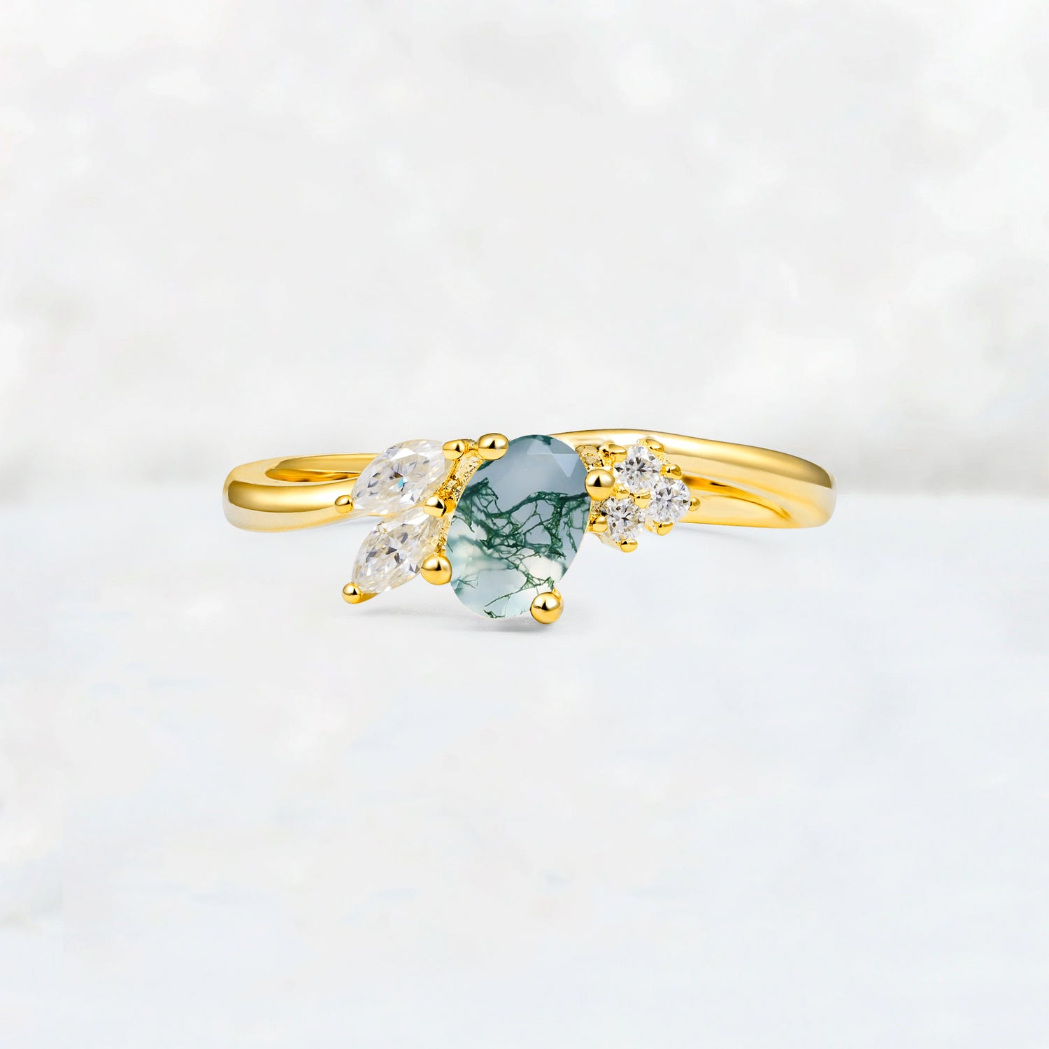 Moss Agate Engagement Ring for Women with Marquise Side Stones