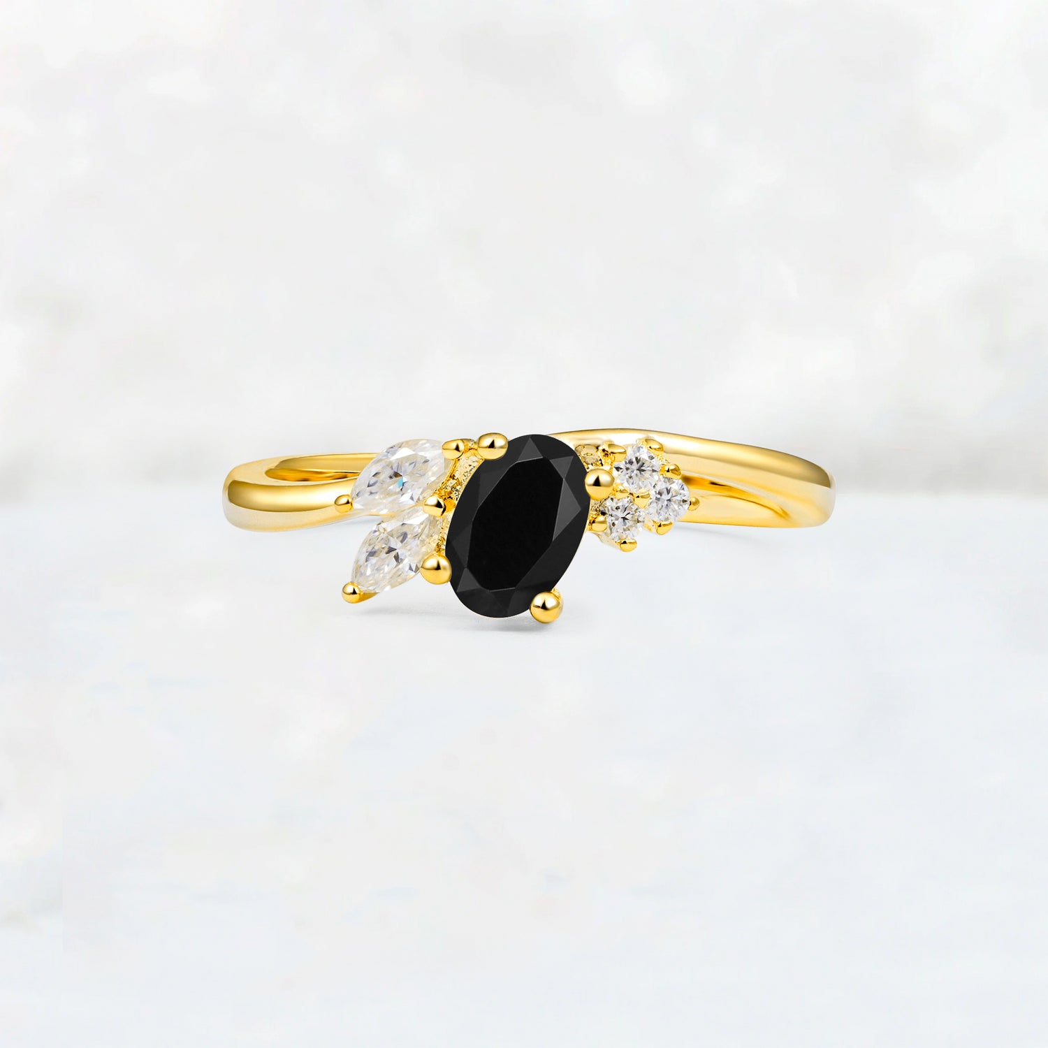 Black Onyx Engagement Ring for Women with Marquise Side Stones