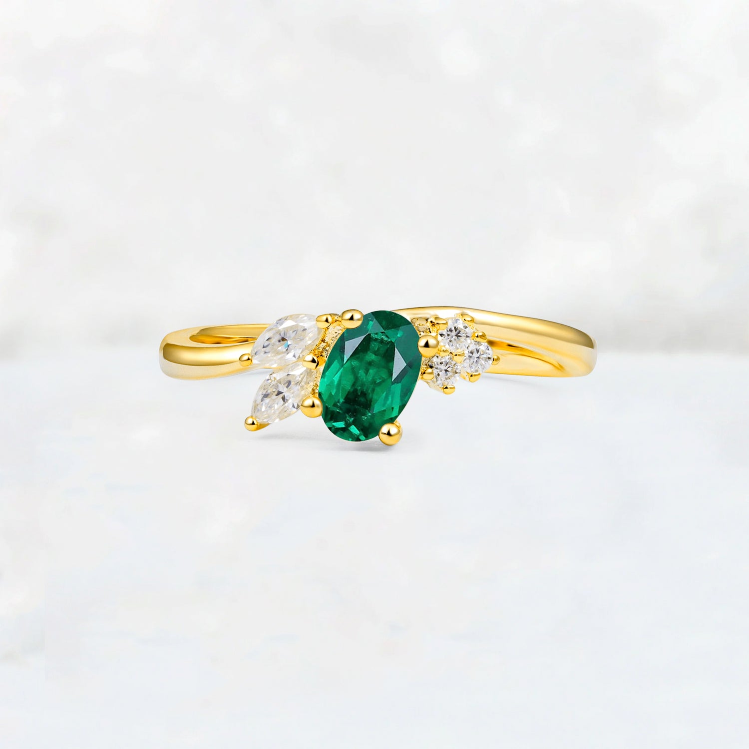 Emerald Engagement Ring for Women with Marquise Side Stones