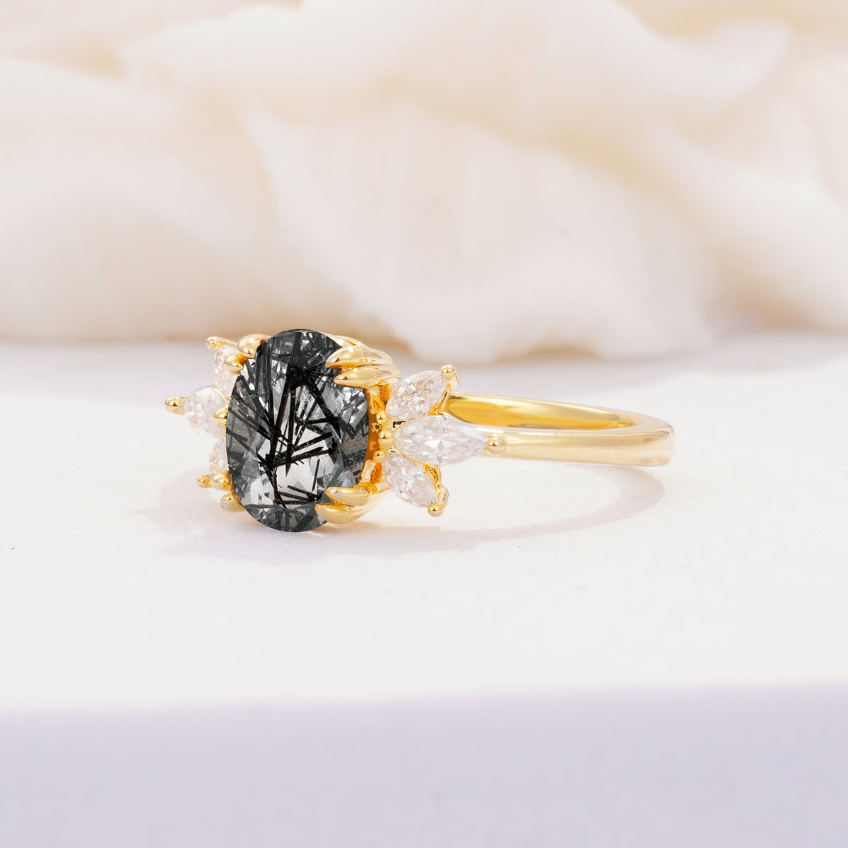 SR08756 Black Rutilated Quartz Ring - White-Gold