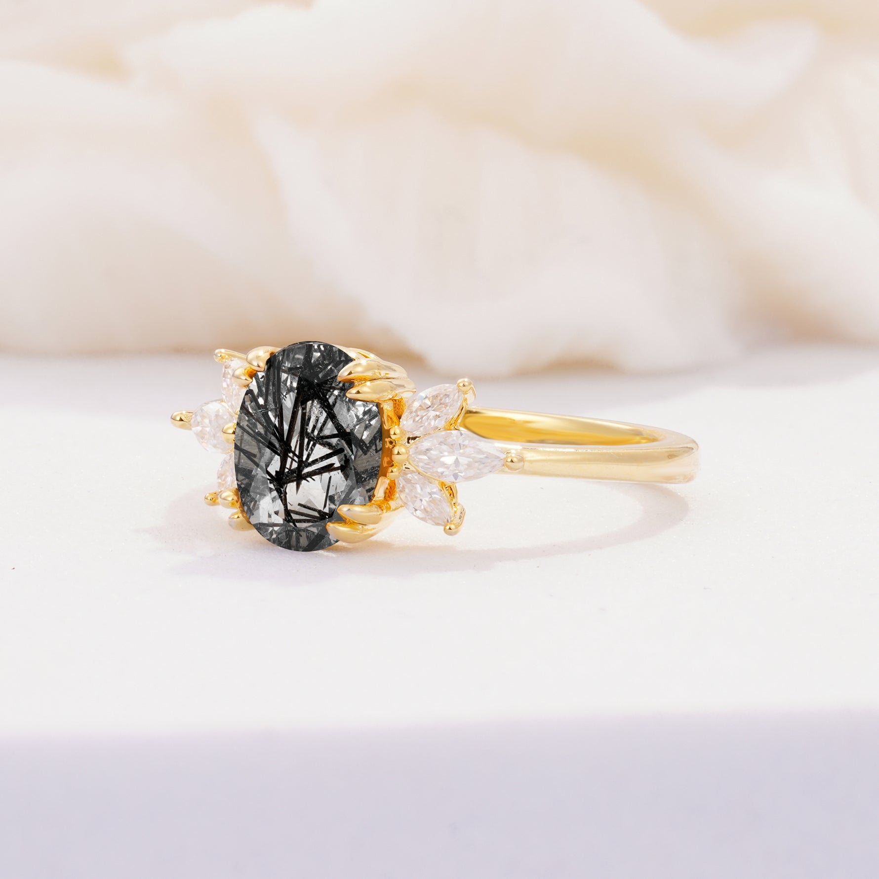 SR08756 Black Rutilated Quartz Ring - White-Gold