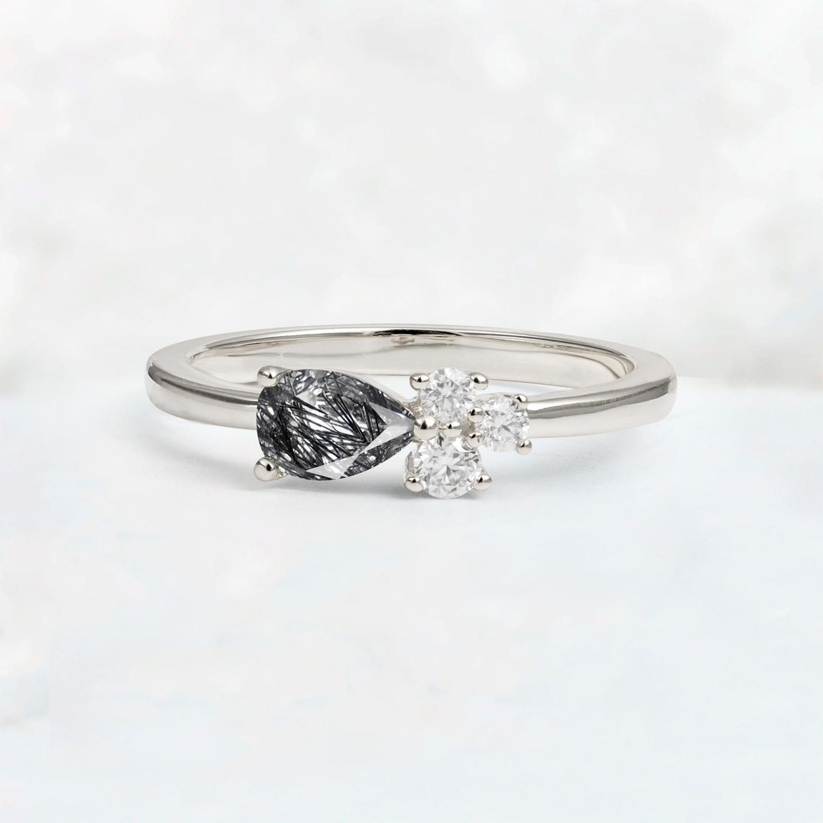 Minimalist East-West Pear Cut Black Rutilated Quartz Engagement Ring - Additional view