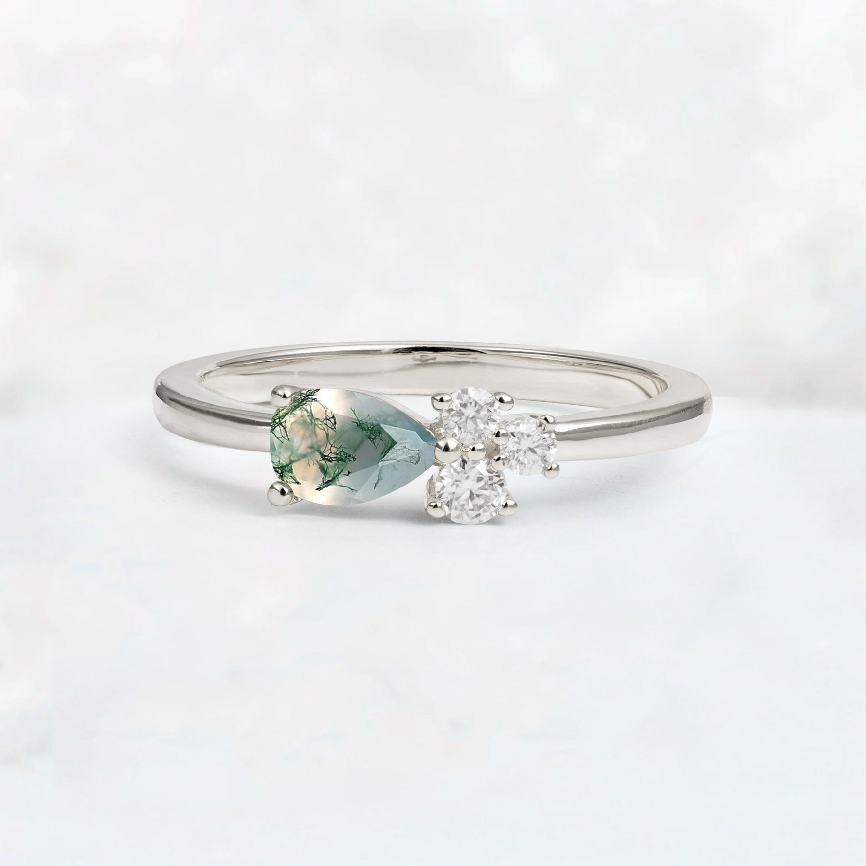 Minimalist East-West Pear Cut Moss Agate Engagement Ring - Additional view
