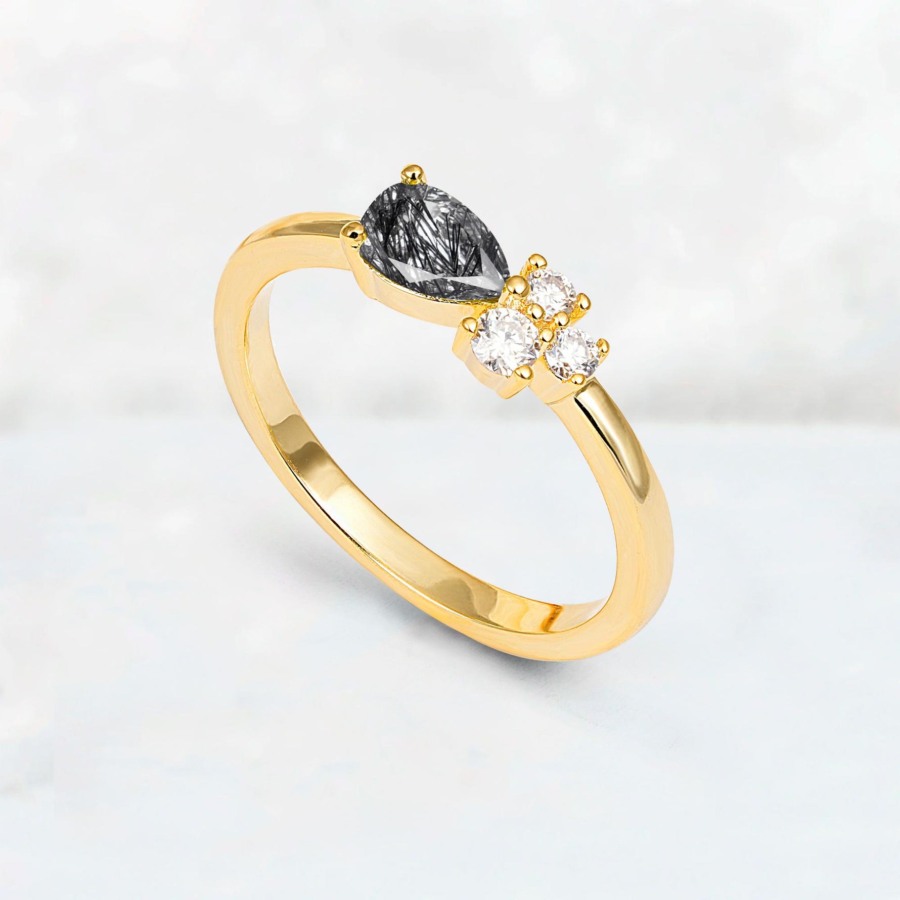 Minimalist East-West Pear Cut Black Rutilated Quartz Engagement Ring - Additional view
