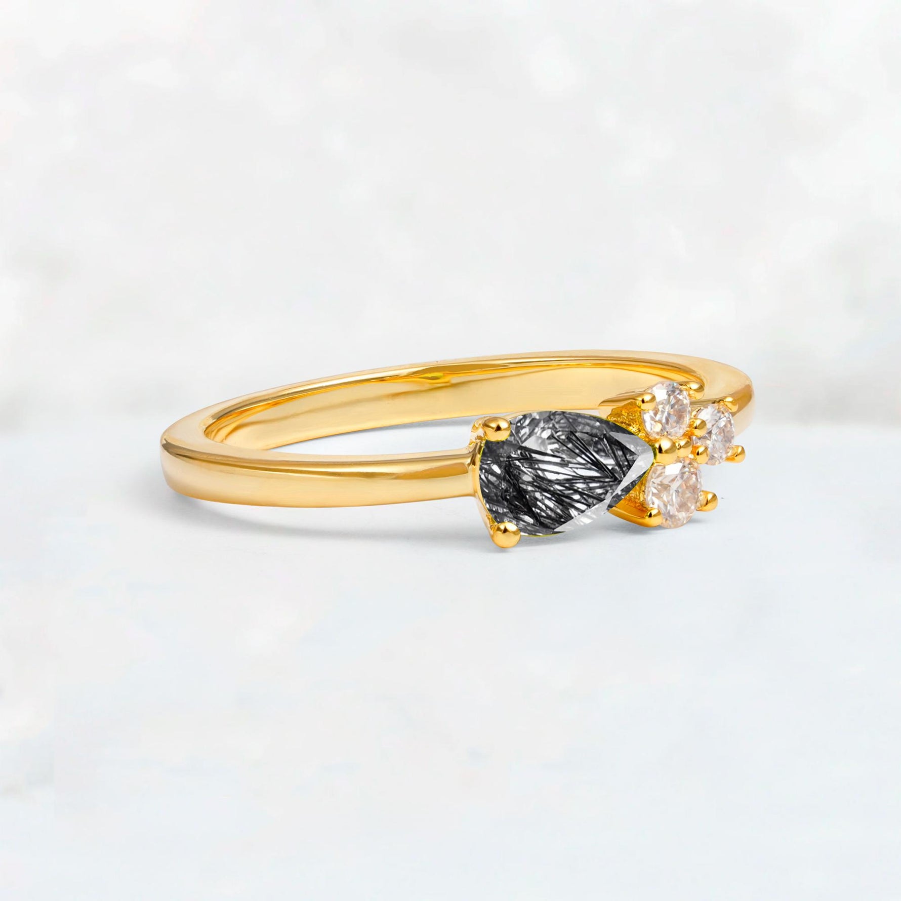 Minimalist East-West Pear Cut Black Rutilated Quartz Engagement Ring - Additional view