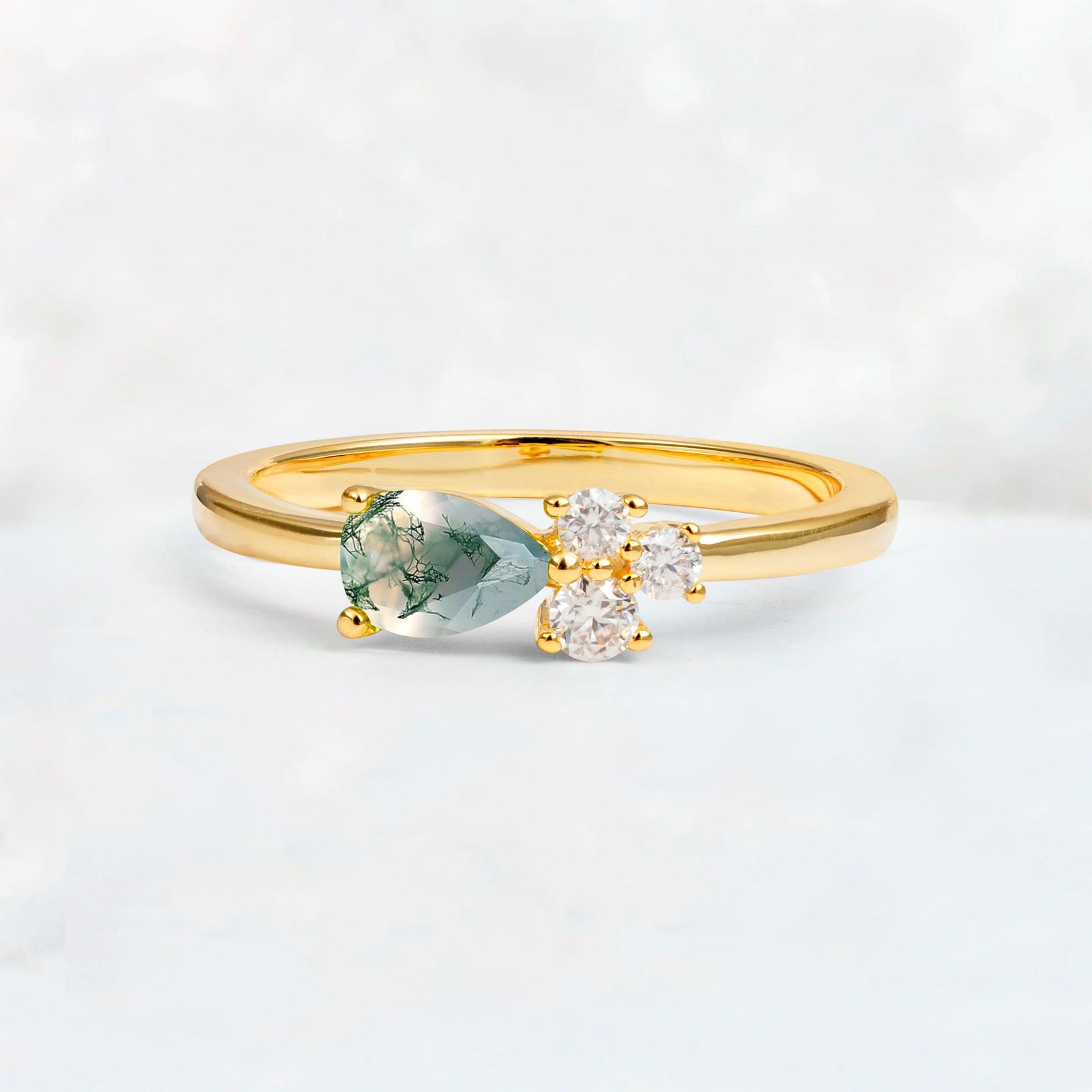 Minimalist East-West Pear Cut Moss Agate Engagement Ring - Additional view