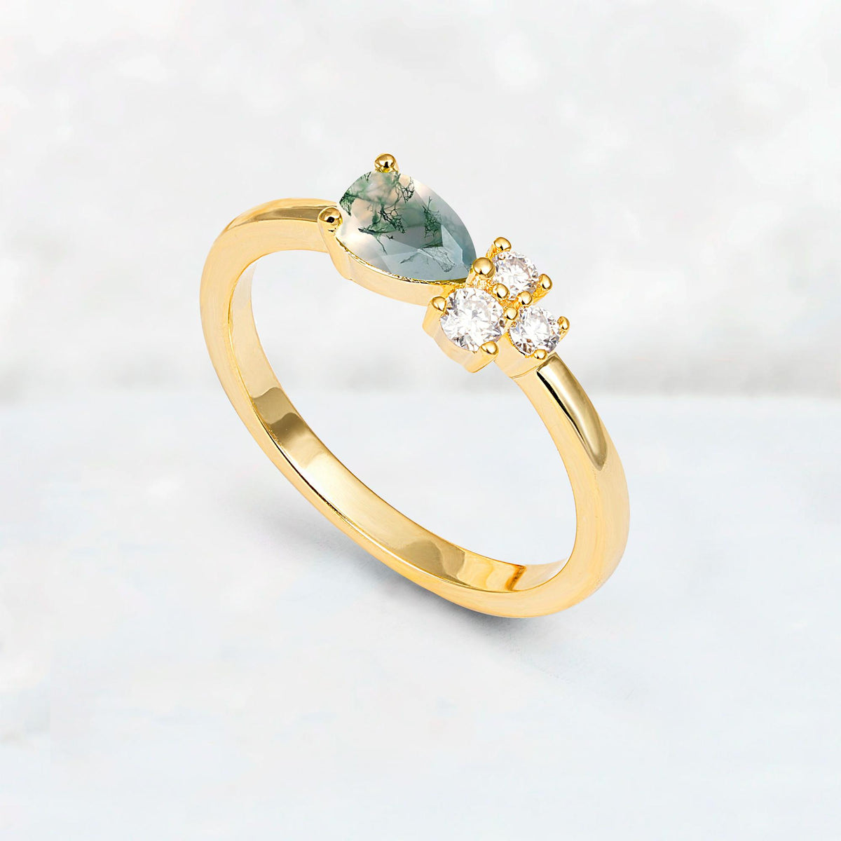 Minimalist East-West Pear Cut Moss Agate Engagement Ring - Additional view