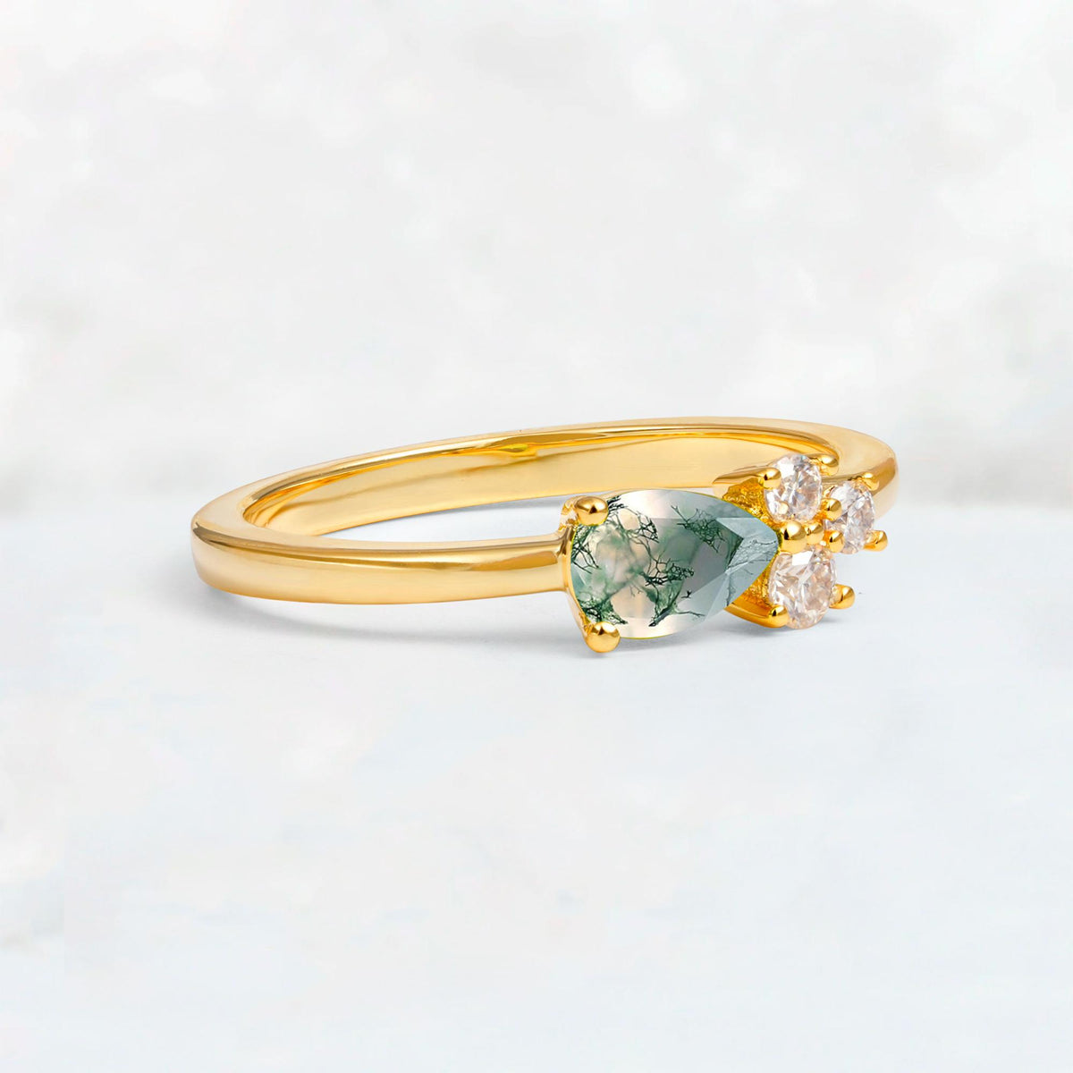 Minimalist East-West Pear Cut Moss Agate Engagement Ring - Additional view
