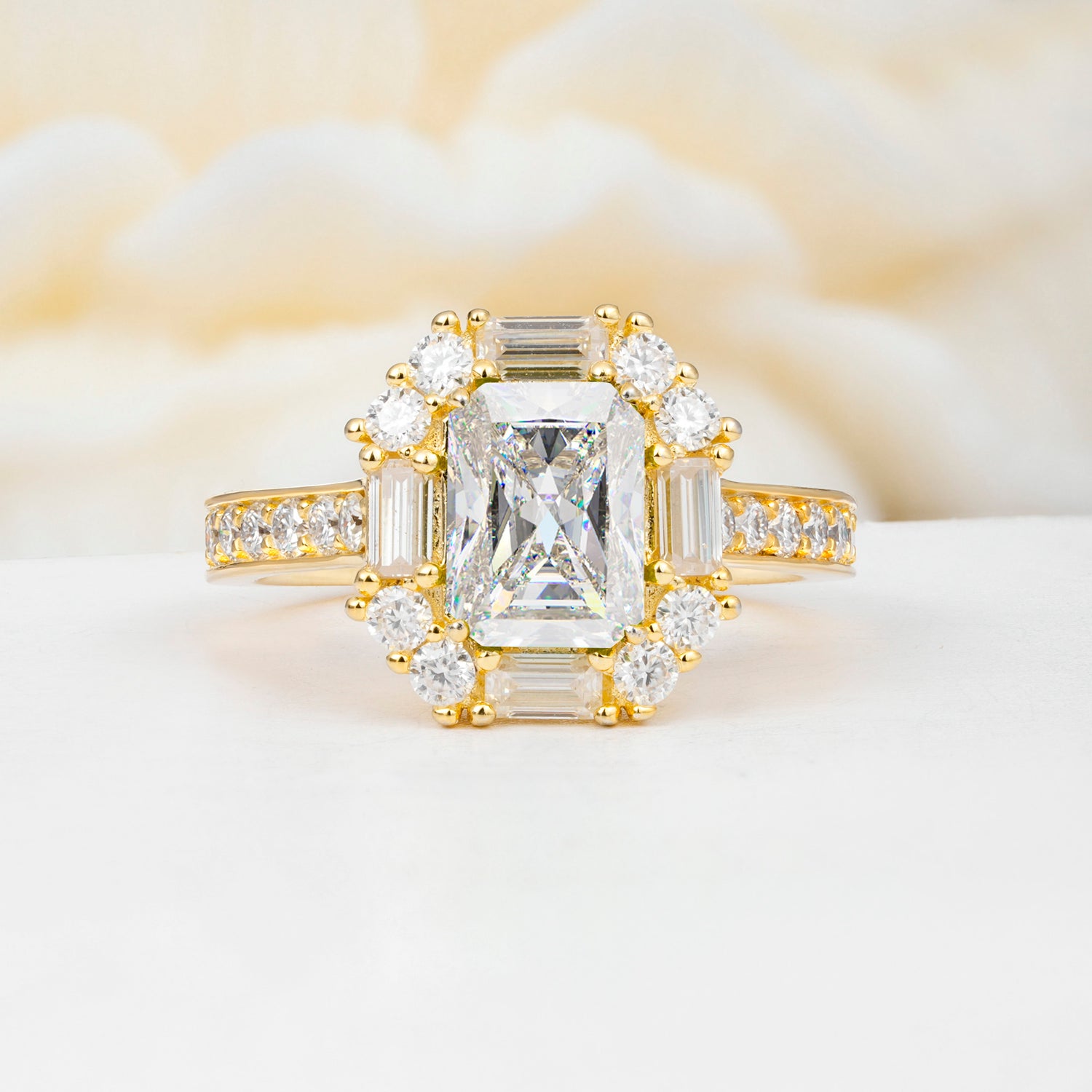 Emerald Cut Moissanite Ballerina Halo Engagement Ring
