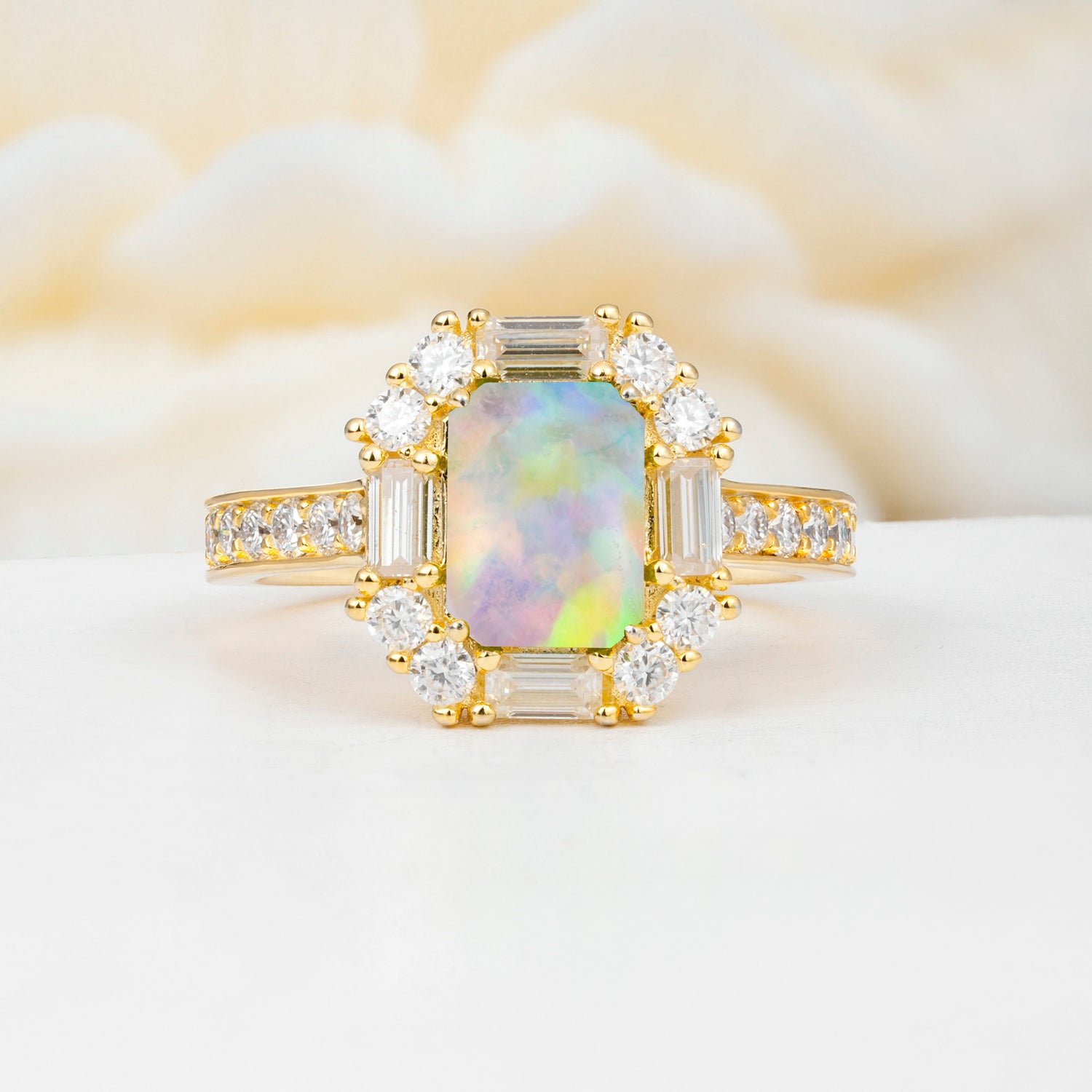 Emerald Cut Opal Halo Engagement Ring