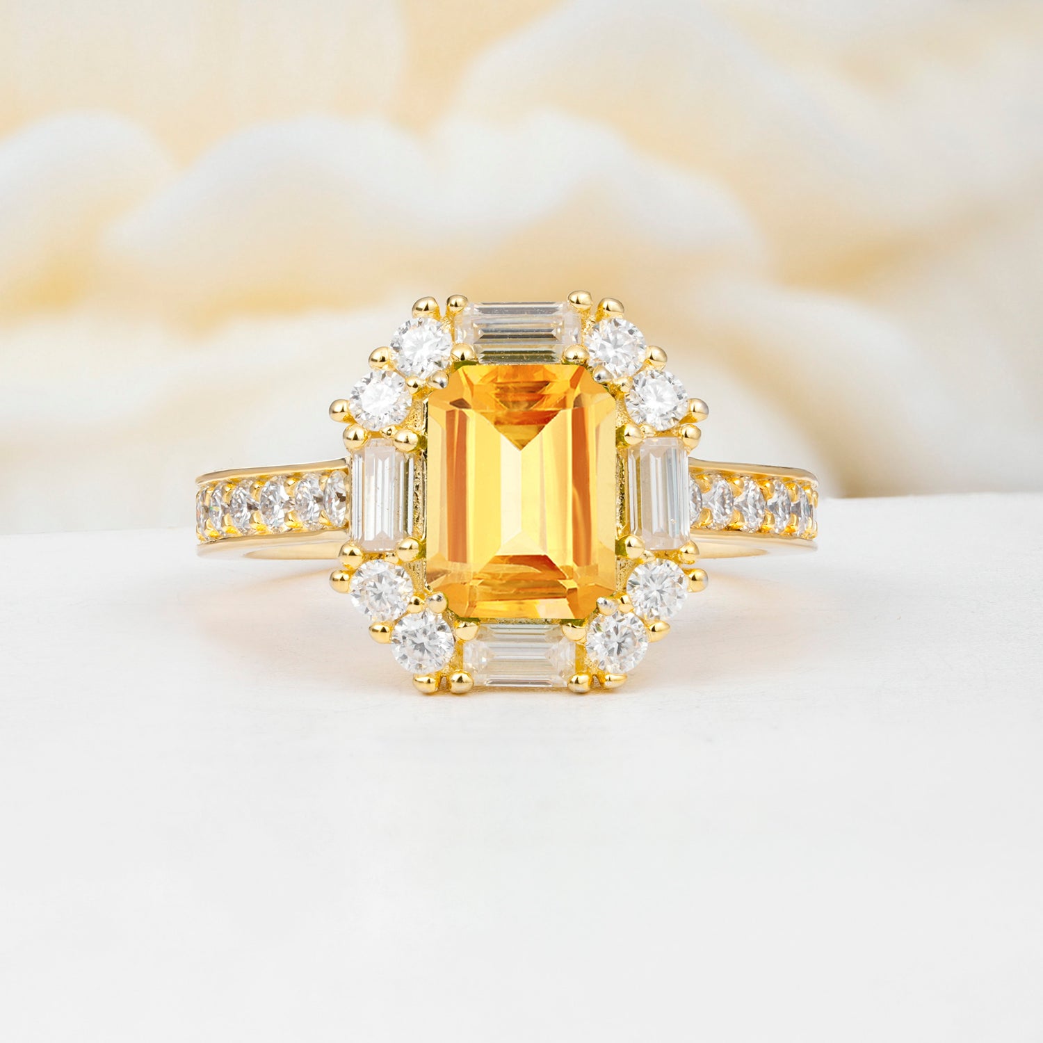 Emerald Cut Citrine Halo Engagement Ring