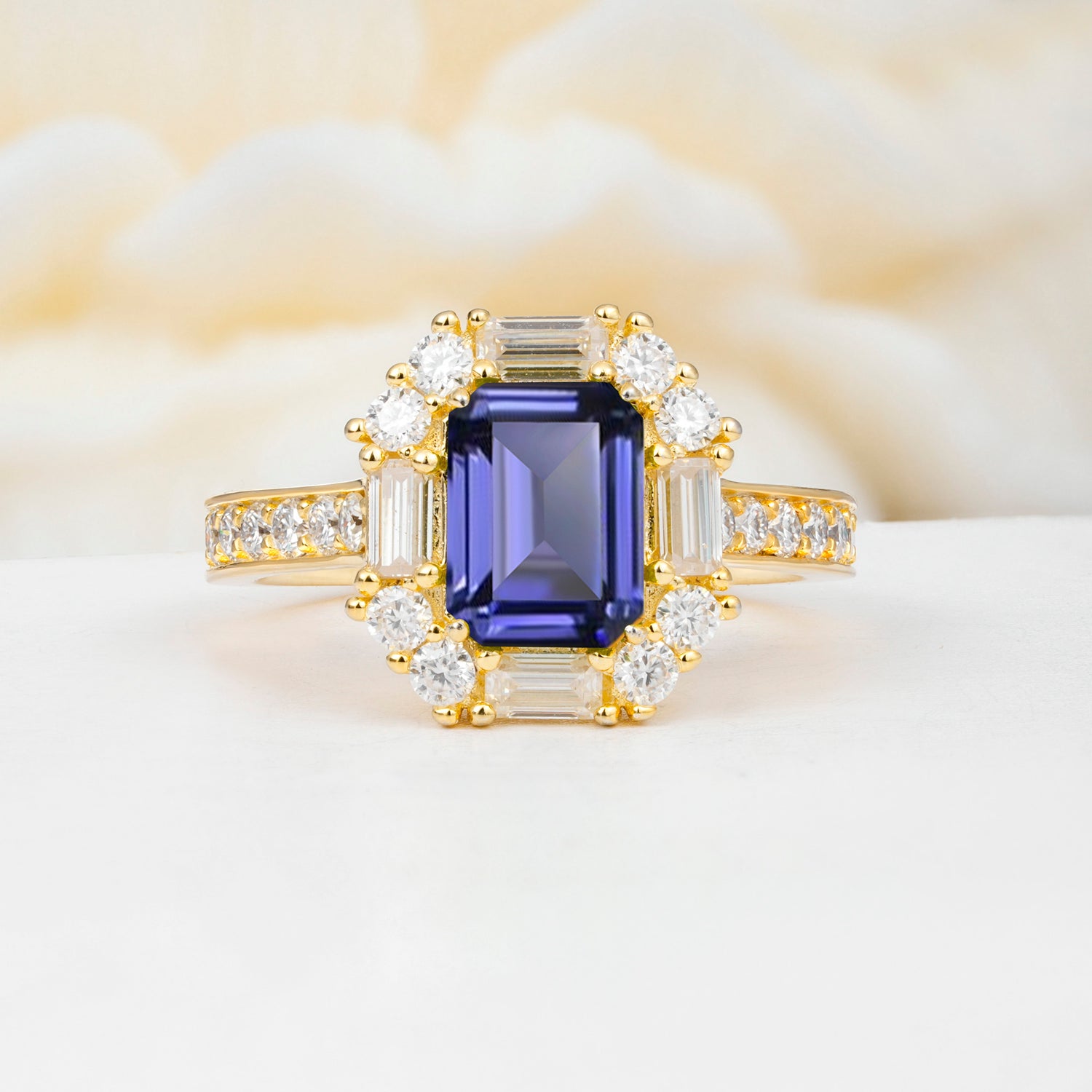 Emerald Cut Tanzanite Halo Engagement Ring