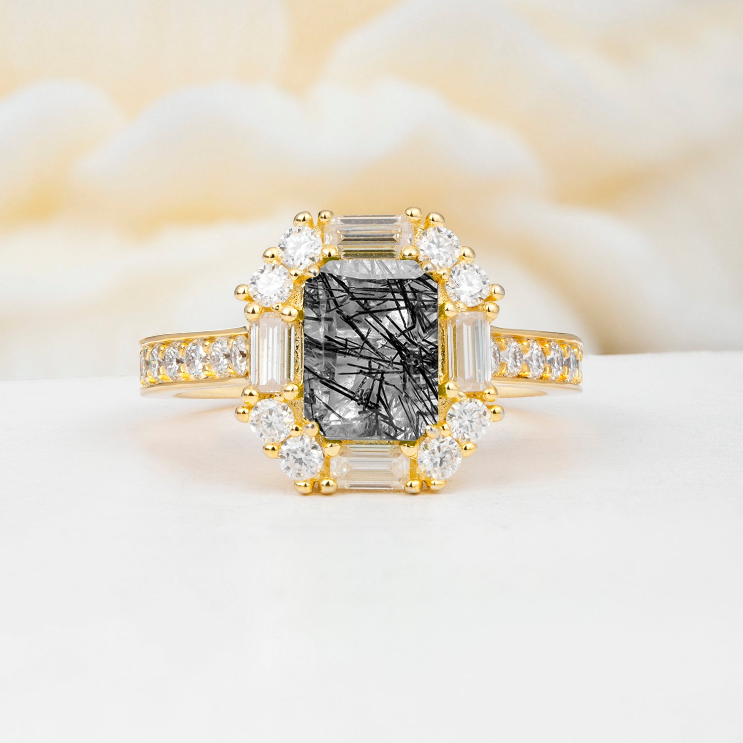 Emerald Cut Black Rutilated Quartz Halo Engagement Ring