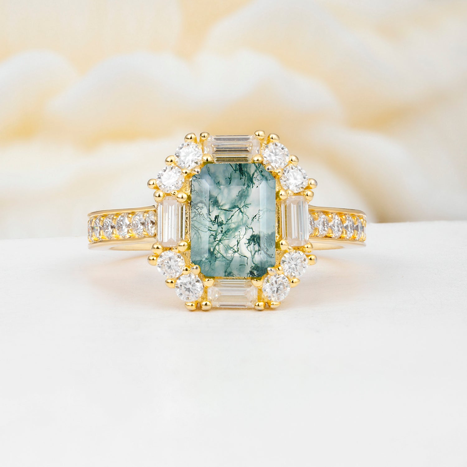 Emerald Cut Moss Agate Halo Engagement Ring